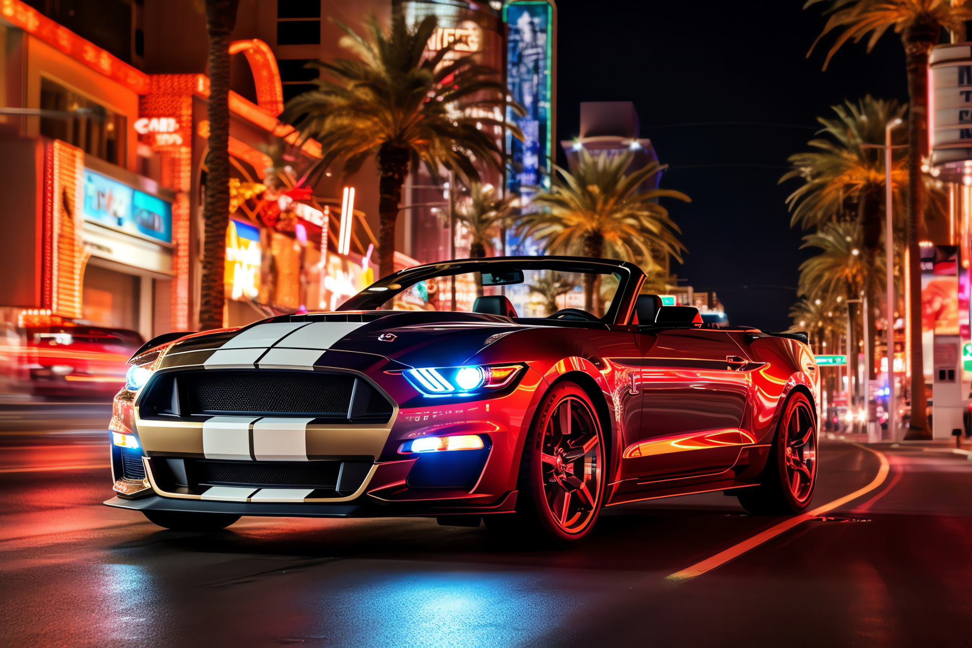 Mustang GT350, Iconic sports car, Las Vegas attractions, Ford convertible model, Neon city illumination, HD Desktop Wallpaper
