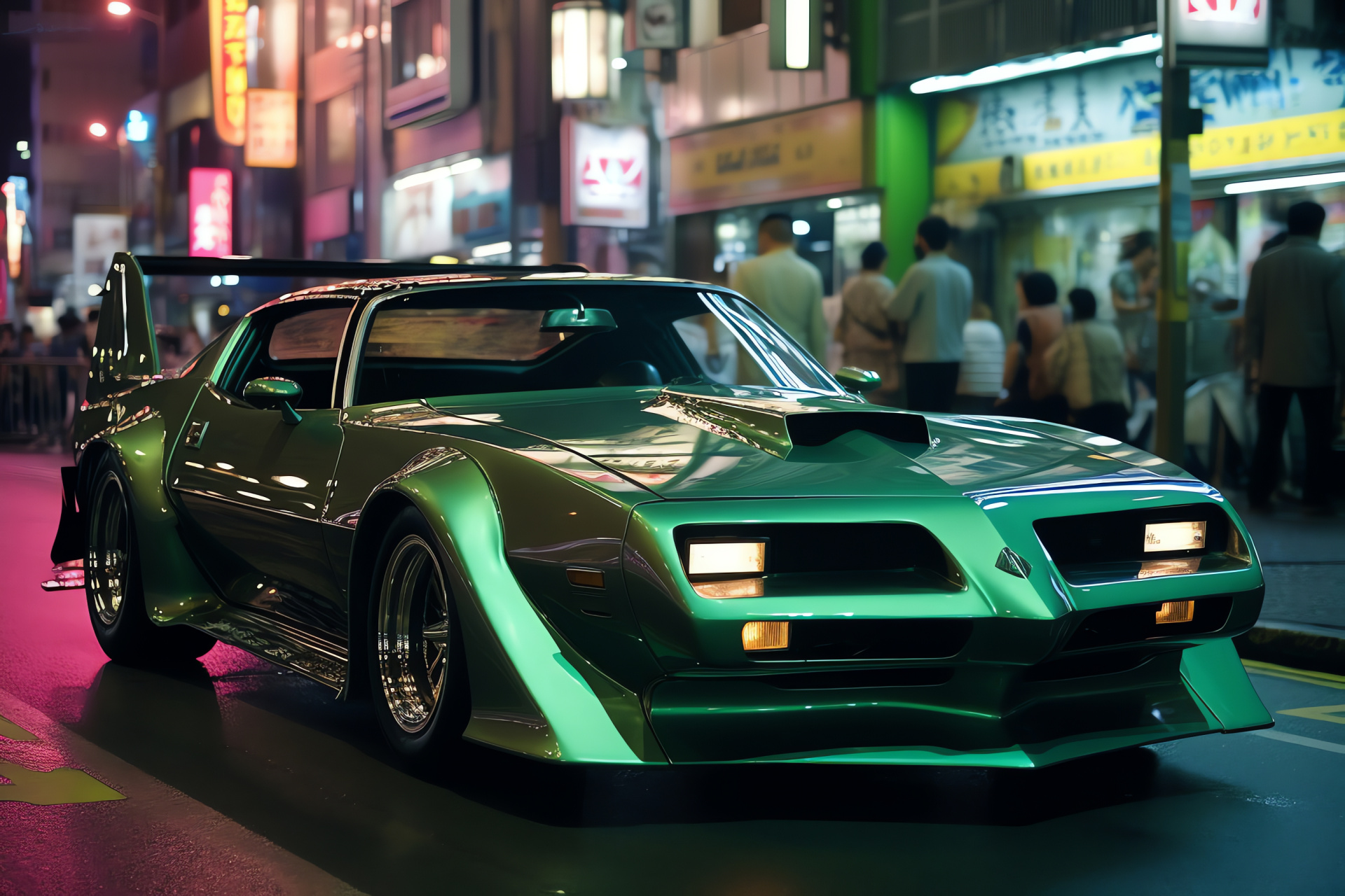 Ws6 Trans Am Tokyo, Shibuya's energy, Japanese city life, green paint flair, techno-modern aesthetic, HD Desktop Wallpaper