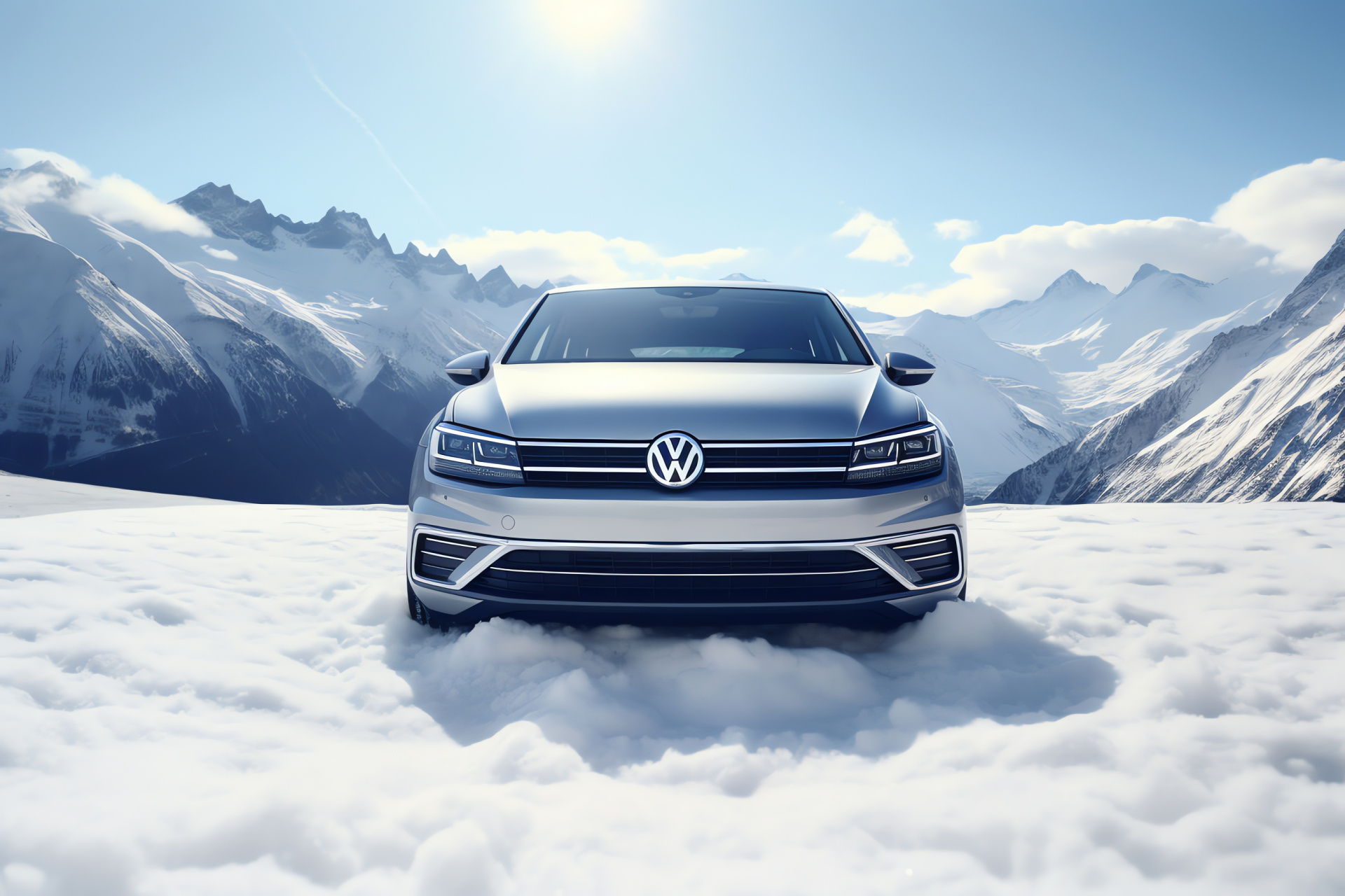 Volkswagen emblem, Swiss backdrop, Tiguan model, Alpine scenery, Aerial mountain view, HD Desktop Wallpaper