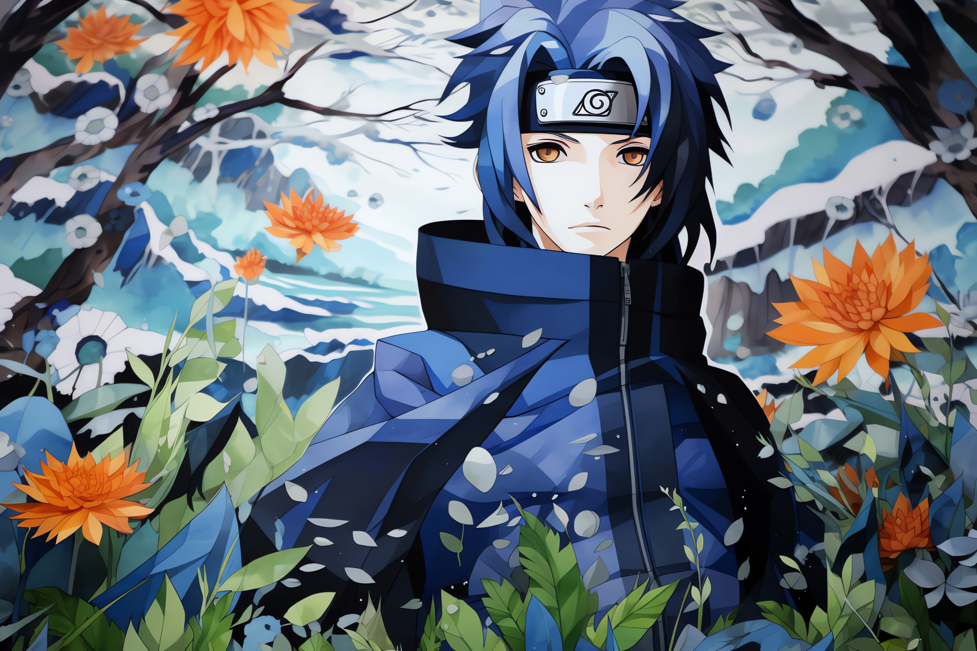 Konan of Naruto, Angelic paper character, Anime close-up imagery, Origami jutsu master, Calm horticultural area, HD Desktop Image