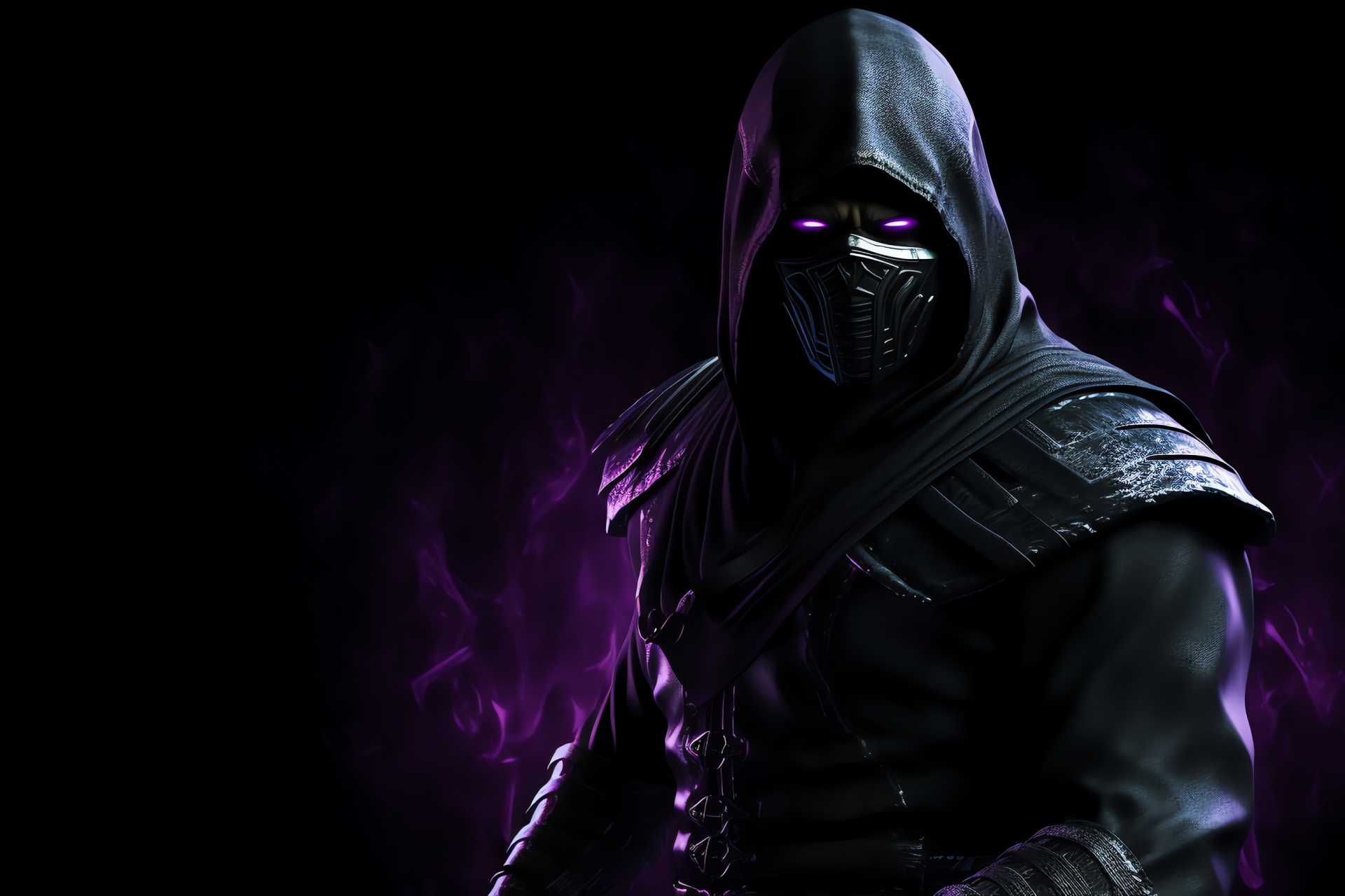 Duplicate text for Noob Saibot, Dark martial arts master, Classic video game, Menacing green stare, Iconic black costume, HD Desktop Image