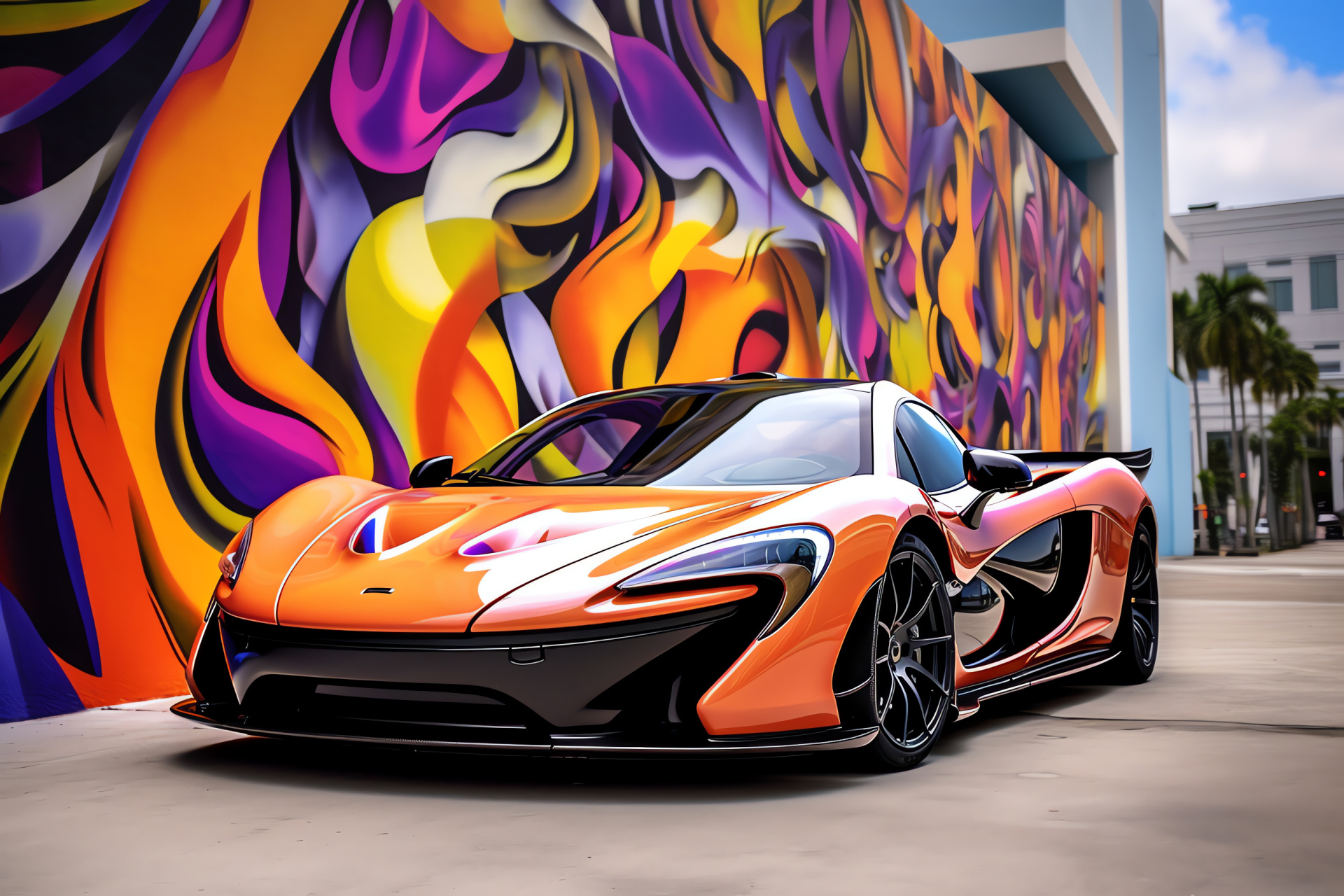 McLaren P1 hypercar, Miami streets, Art Deco architecture, Urban skyline, Performance vehicle, HD Desktop Wallpaper