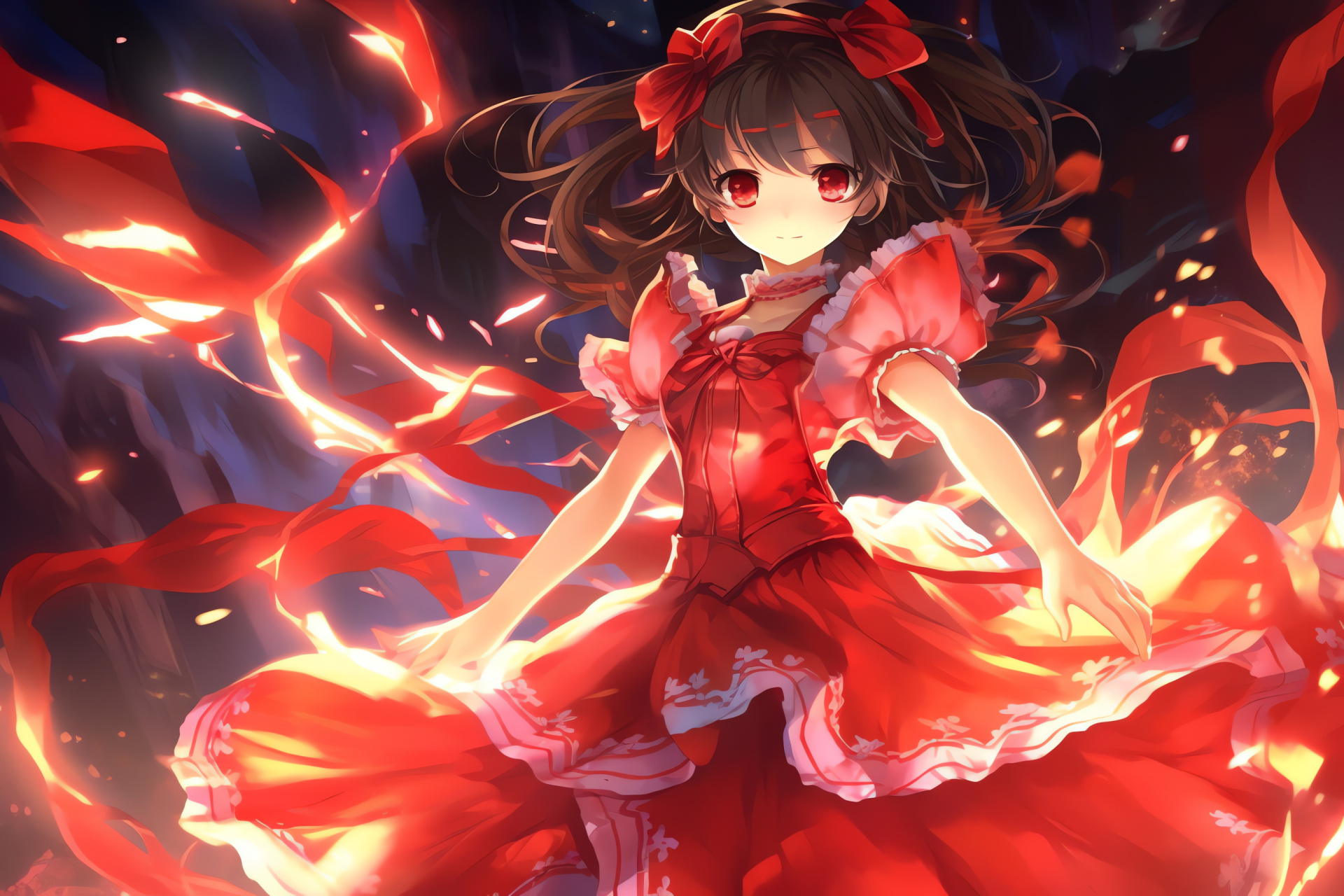 Hakurei Reimu flying, Spiritual abilities, Eastern game concept, Shrine maiden attire, Fantasy realm, HD Desktop Wallpaper