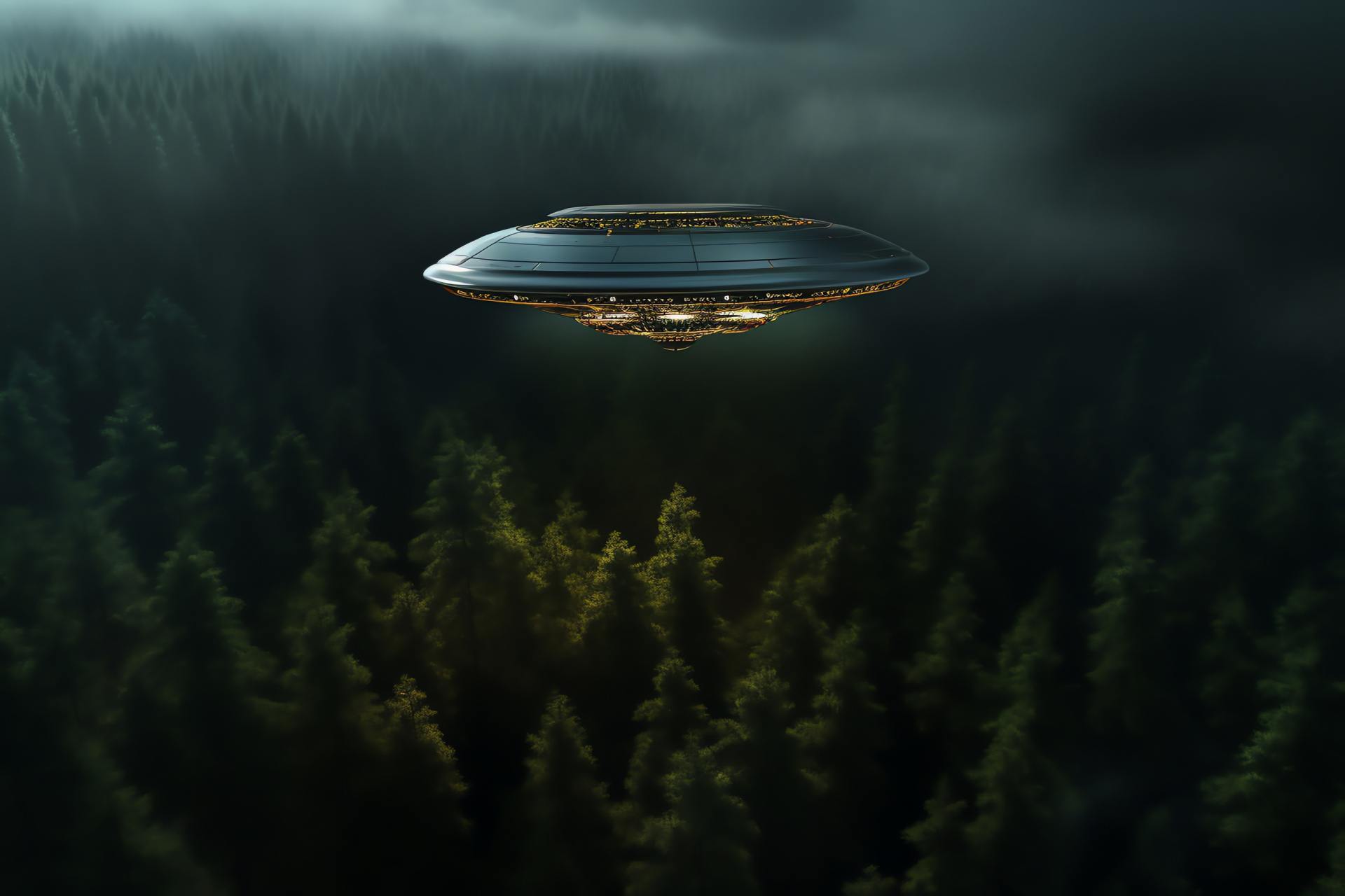 UFO sighting, hovering craft, extraterrestrial technology, forest canopy, unidentified object, HD Desktop Wallpaper