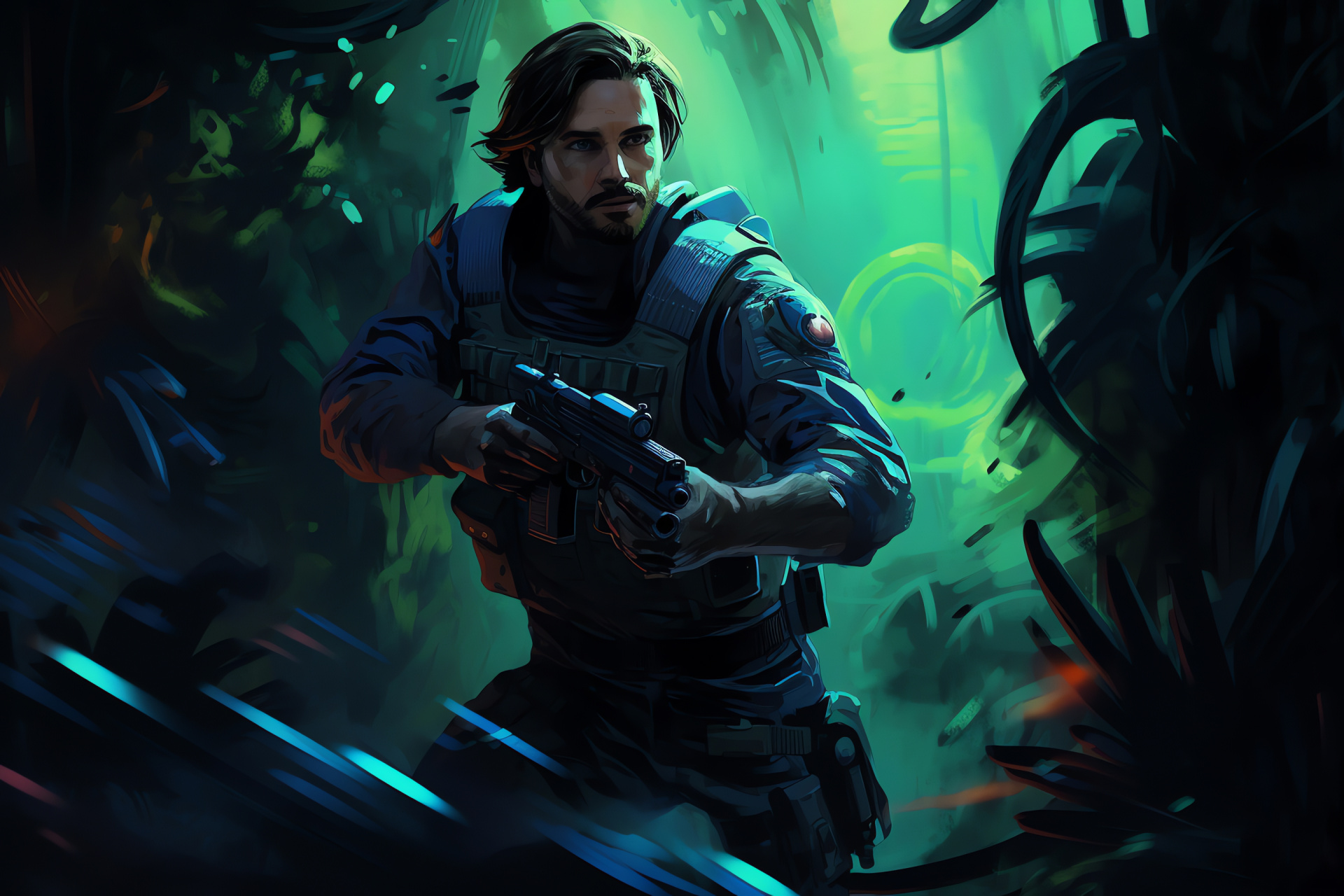 Rogue One's Cassian Andor, Hostile engagement, Blaster in hand, Enemies in uniform, Galactic Rebellion, HD Desktop Wallpaper