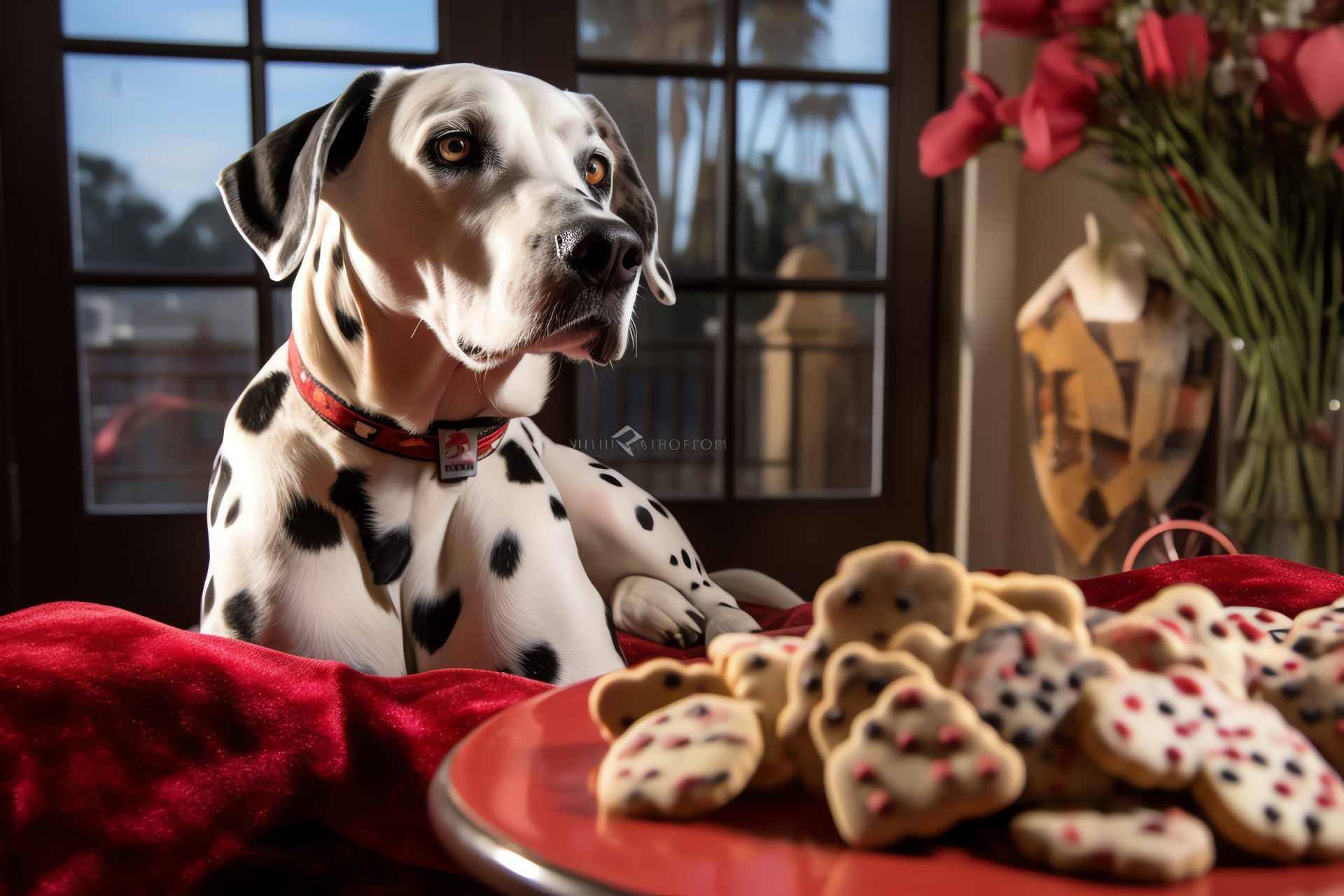 Spotted Valentine companion, Fashionable neckwear, Furry friend, Romantic setting, Sweet treats, HD Desktop Image