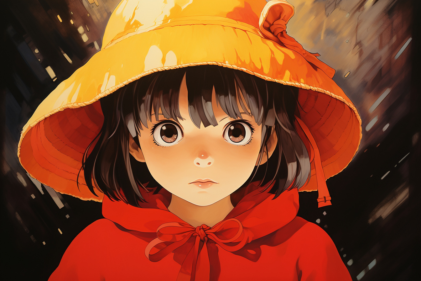 Anime accessory Mei's hat, Studio Ghibli production, Saffron-colored item, Hat angle, Red background, HD Desktop Wallpaper