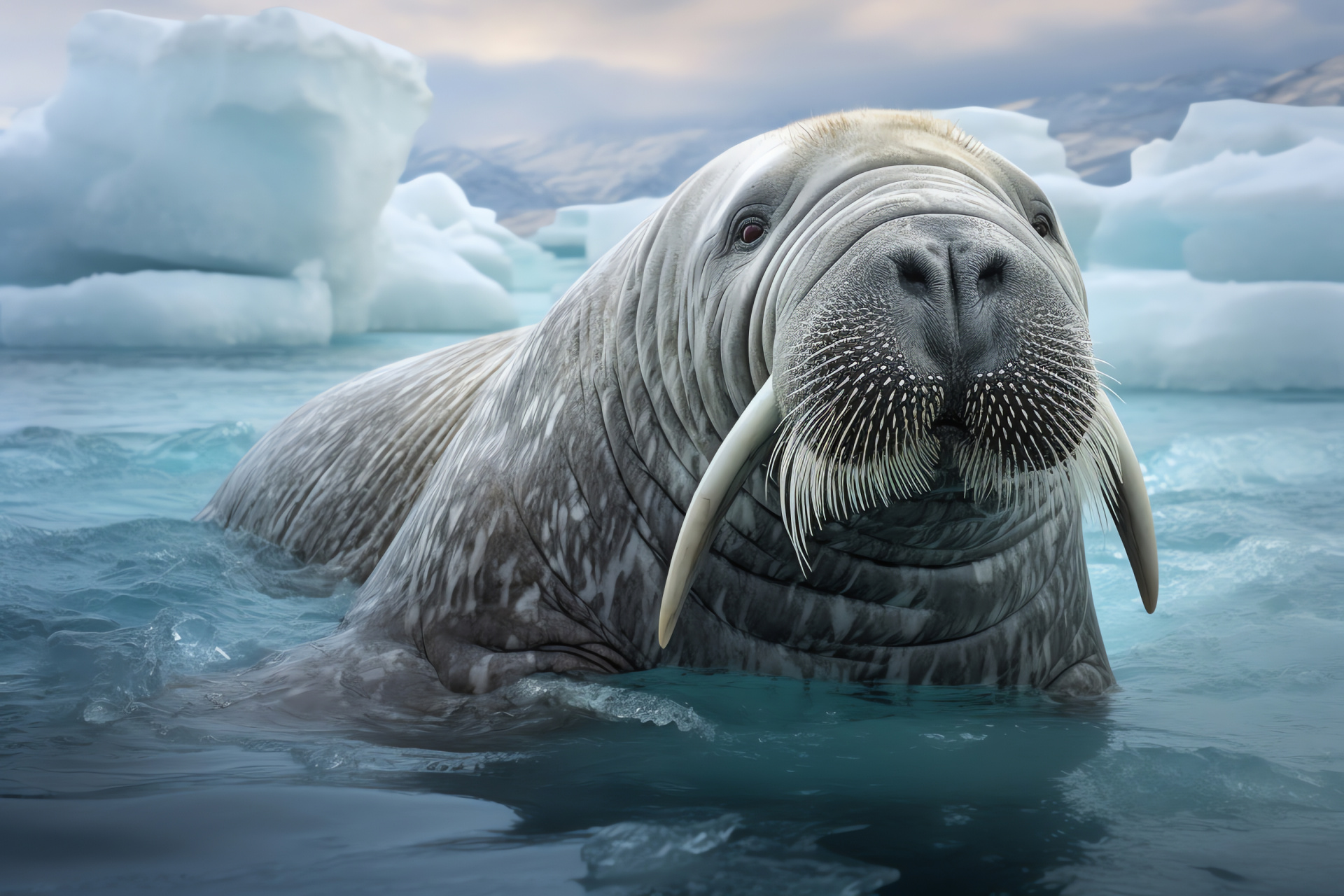 Arctic marine mammal, Walrus facial expression, Pinniped features, Narwhal companions, Insulated animal fur, HD Desktop Image