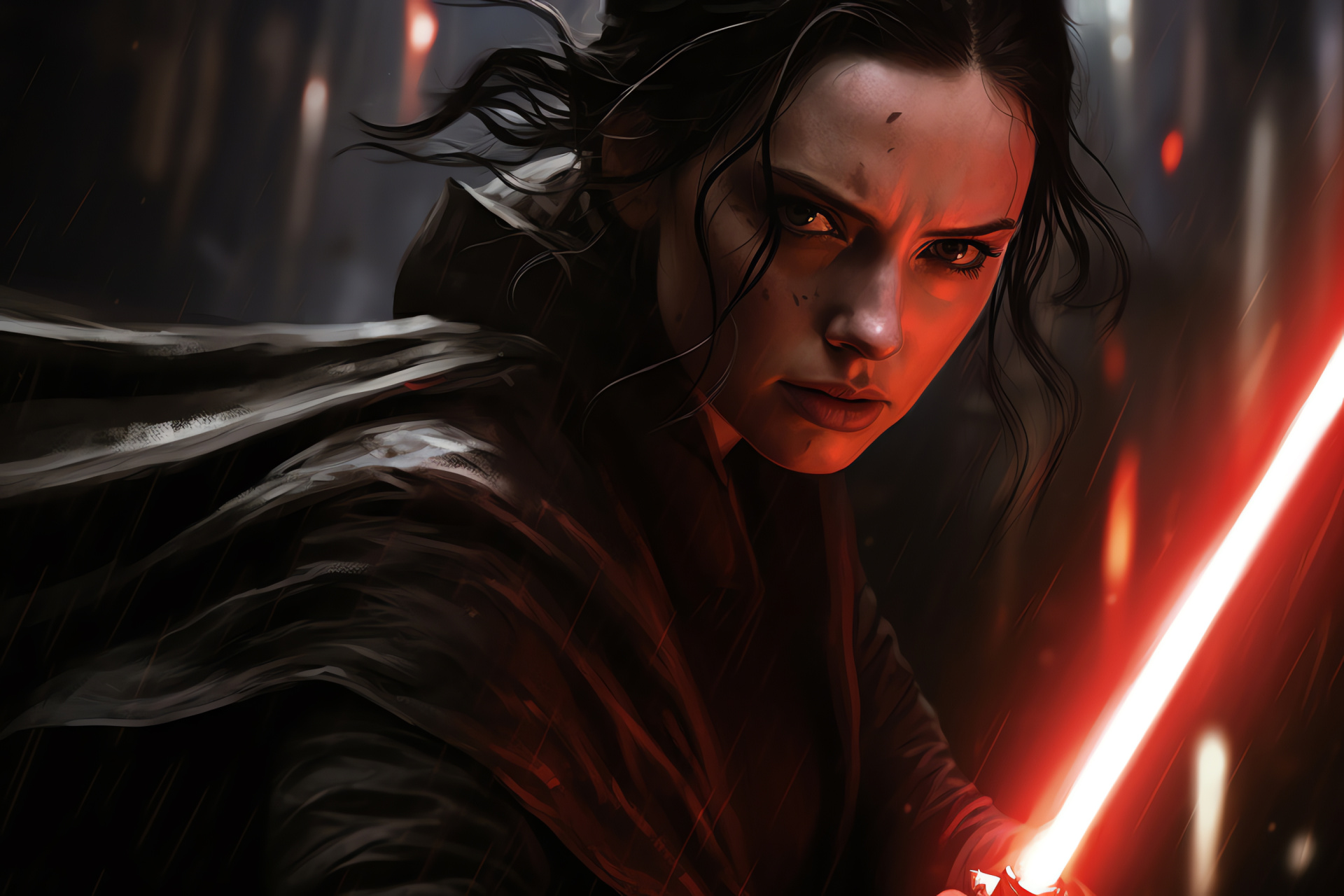 Rey confrontation, Legendary Vader, Sith lore, Lightsaber battle, Cosmic tension, HD Desktop Wallpaper