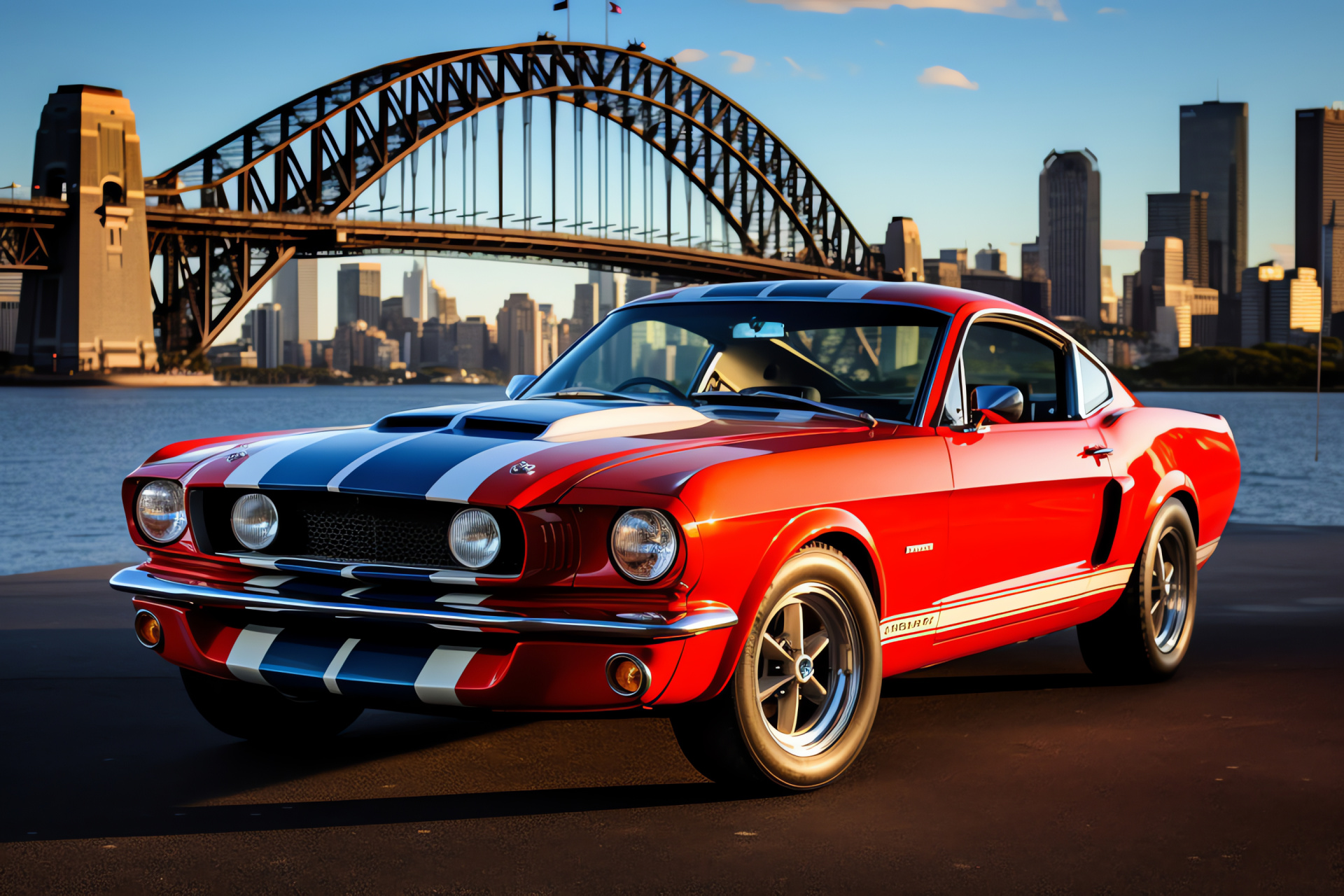 Ford Mustang GT350, Sydney backdrop, Harbour Bridge view, impressive torque, skyline partnership, HD Desktop Wallpaper