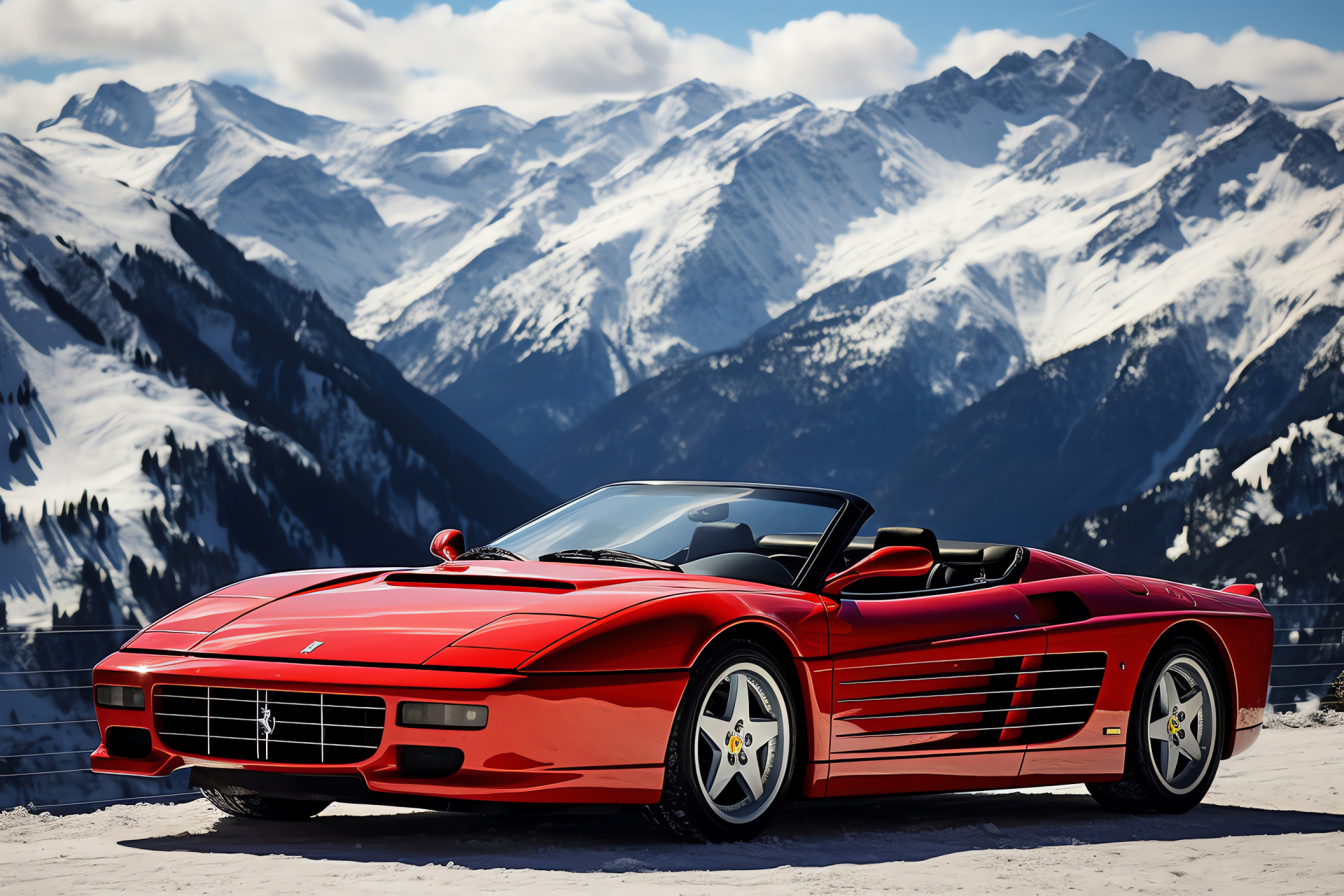 Ferrari Testarossa Spider, Swiss landscapes, Convertible model, Luxury driving experience, Mountain pass, HD Desktop Wallpaper