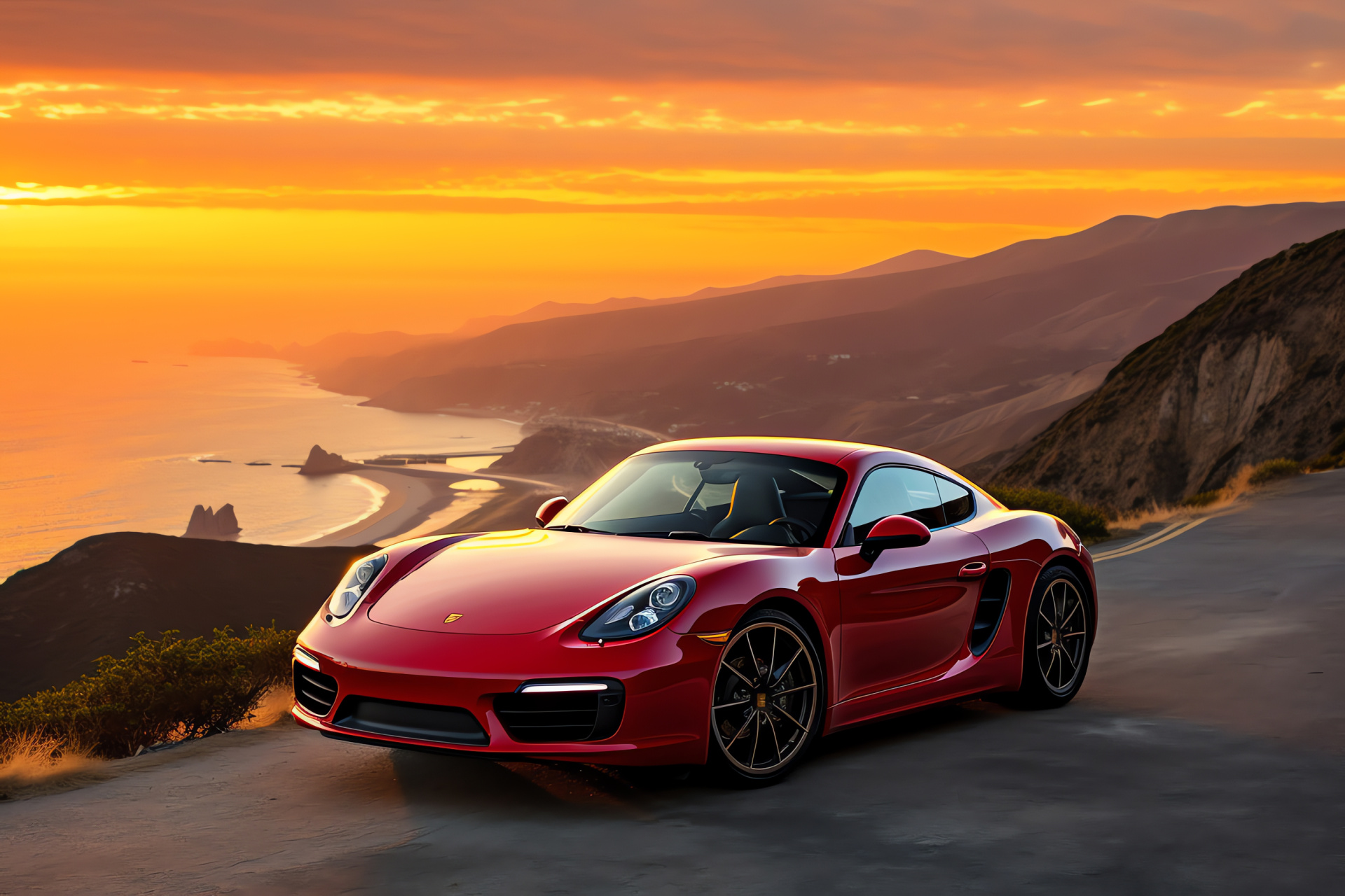 Porsche Cayman model, GTS series, Scenic Pacific Coast Highway scape, Oceanic horizon, Coastal motoring, HD Desktop Wallpaper