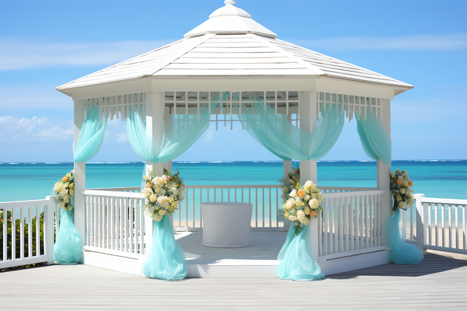 Seaside vow renewal, Beach gazebo setting, Tropical blossoms, Marine theme decorations, Intimate anniversary, HD Desktop Wallpaper