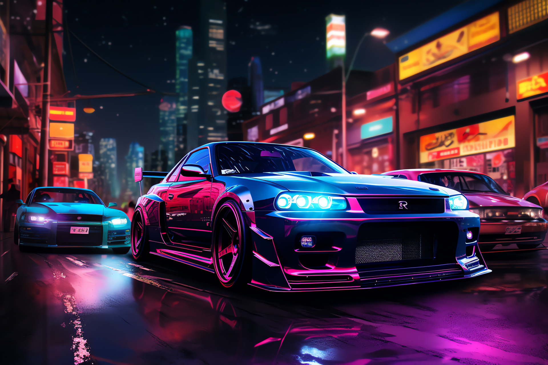 Urban autoshow in NFS, Tuned vehicles on display, Neon illumination, Customization culture, Gaming realism, HD Desktop Wallpaper