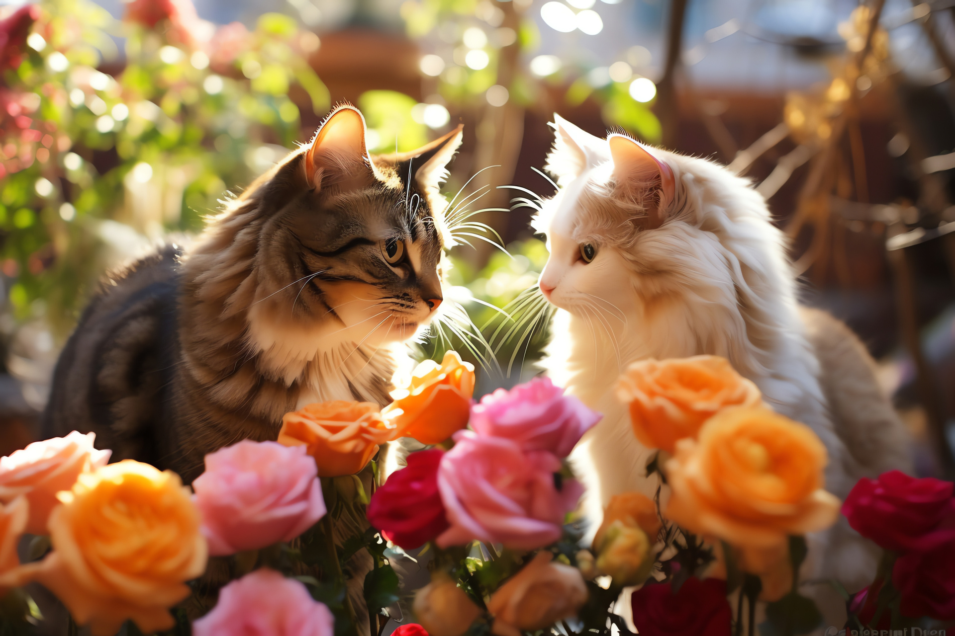 Garden delight for romantic cats, blossoming love among flora, feline fancy attire, Valentine's playful pets, joyful cat companions, HD Desktop Wallpaper