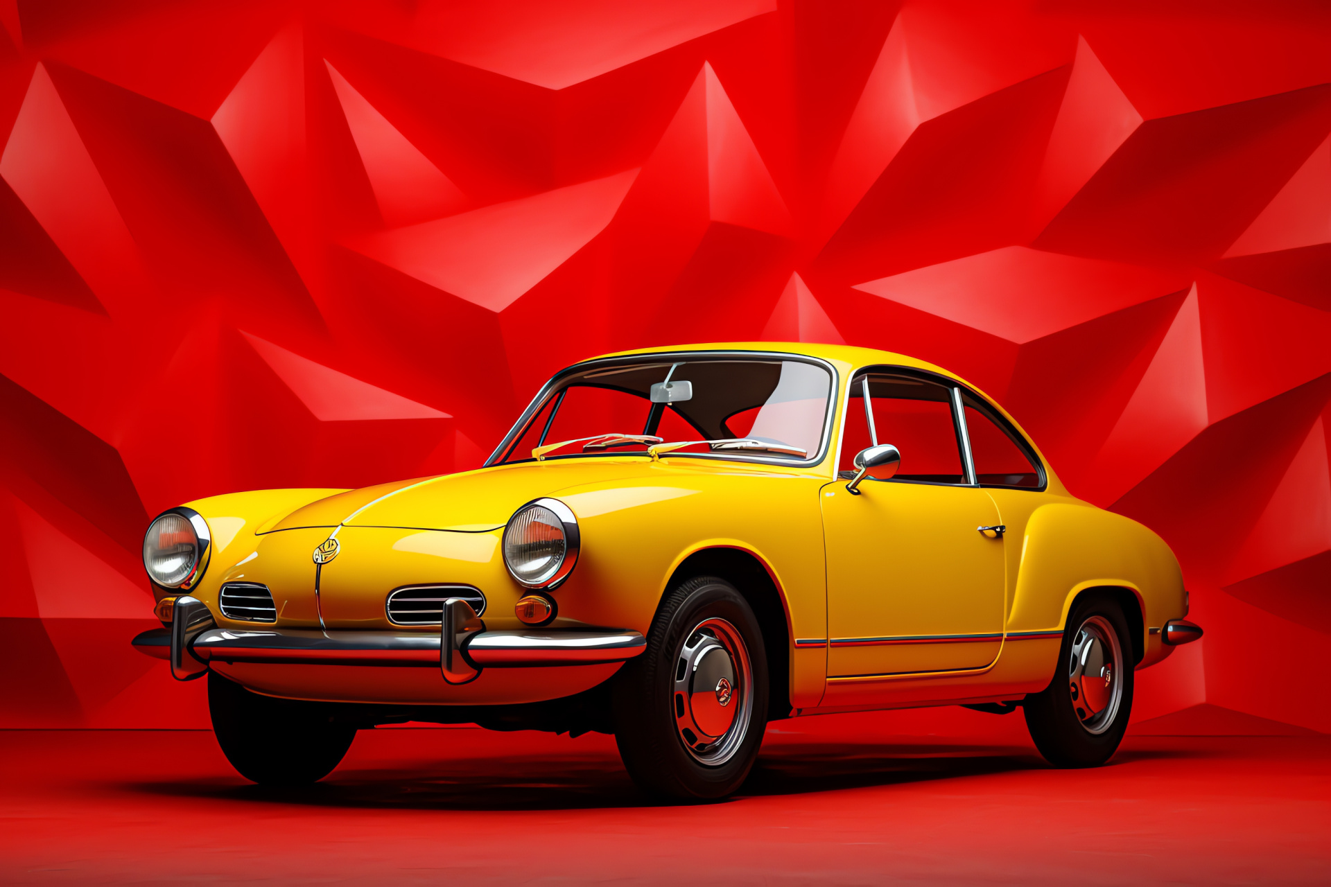 Volkswagen Karmann Ghia 1967, German classic coupe, Vibrant red setting, Glossy yellow car finish, Collectors' automotive, HD Desktop Wallpaper