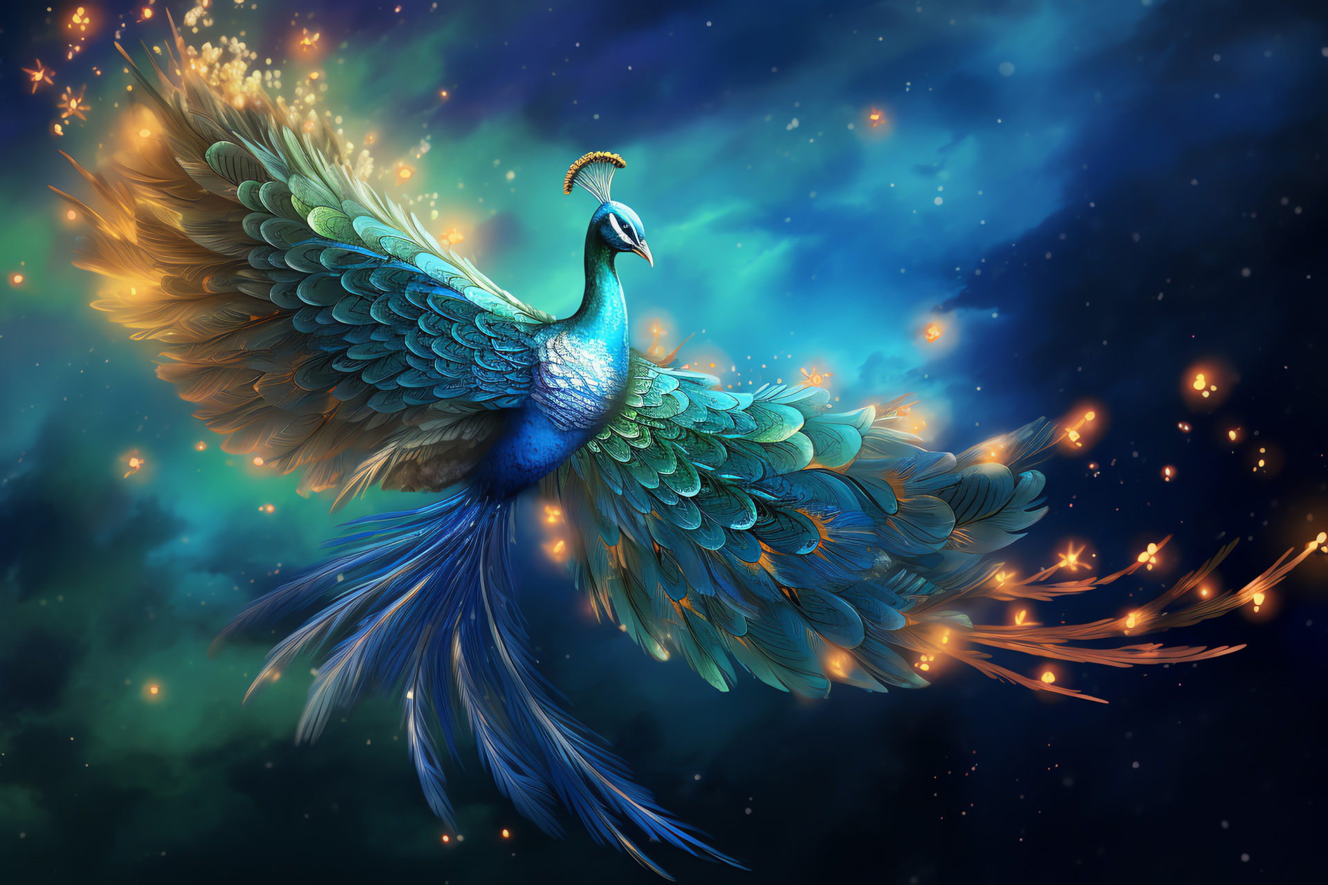 Celestial peacock, Stardust trail, Space-themed avian, Starry sky backdrop, Majestic bird flight, HD Desktop Wallpaper