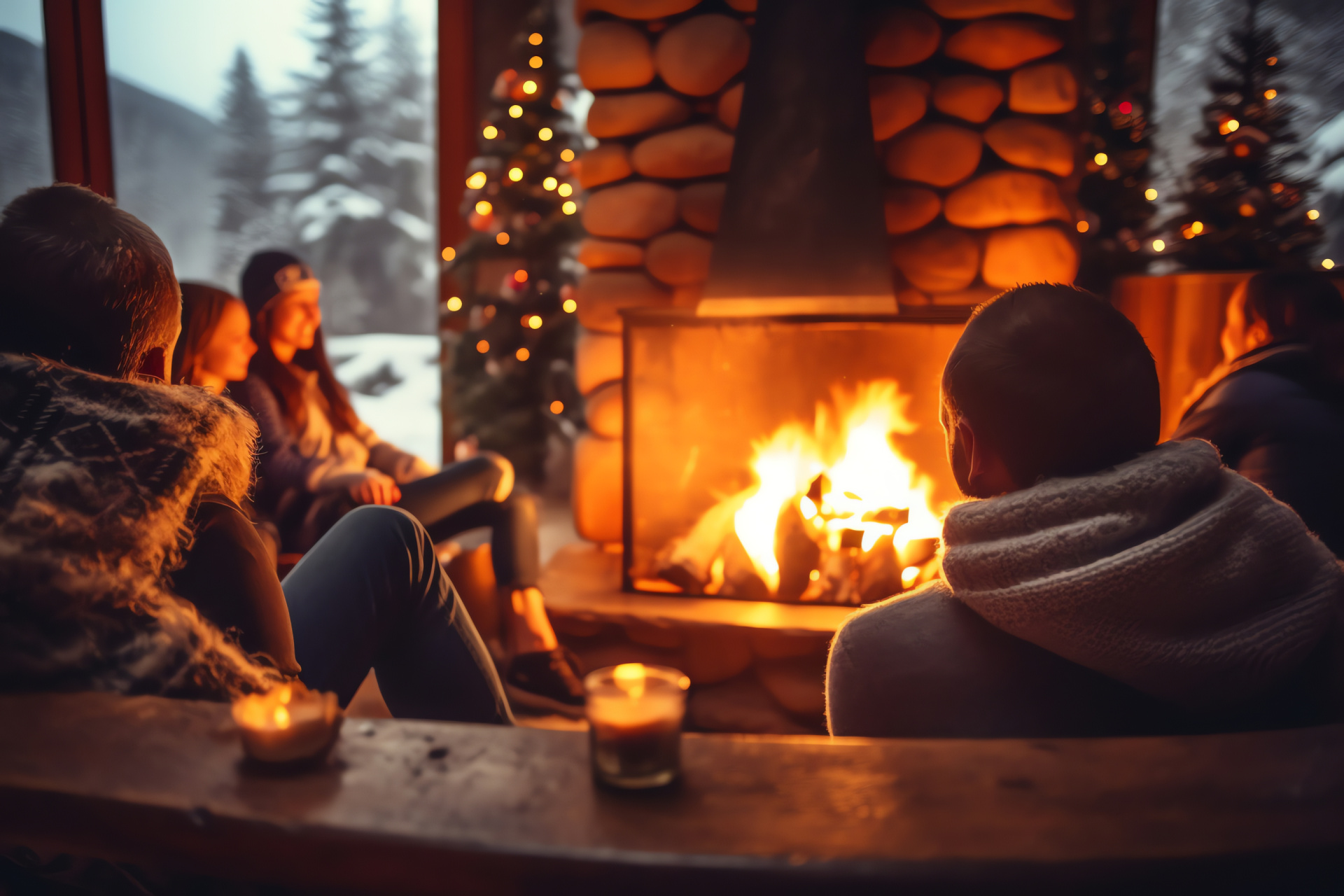 Festive cabin retreat, rustic fireplace, cozy family ambiance, winter snowscape, holiday charm, HD Desktop Image