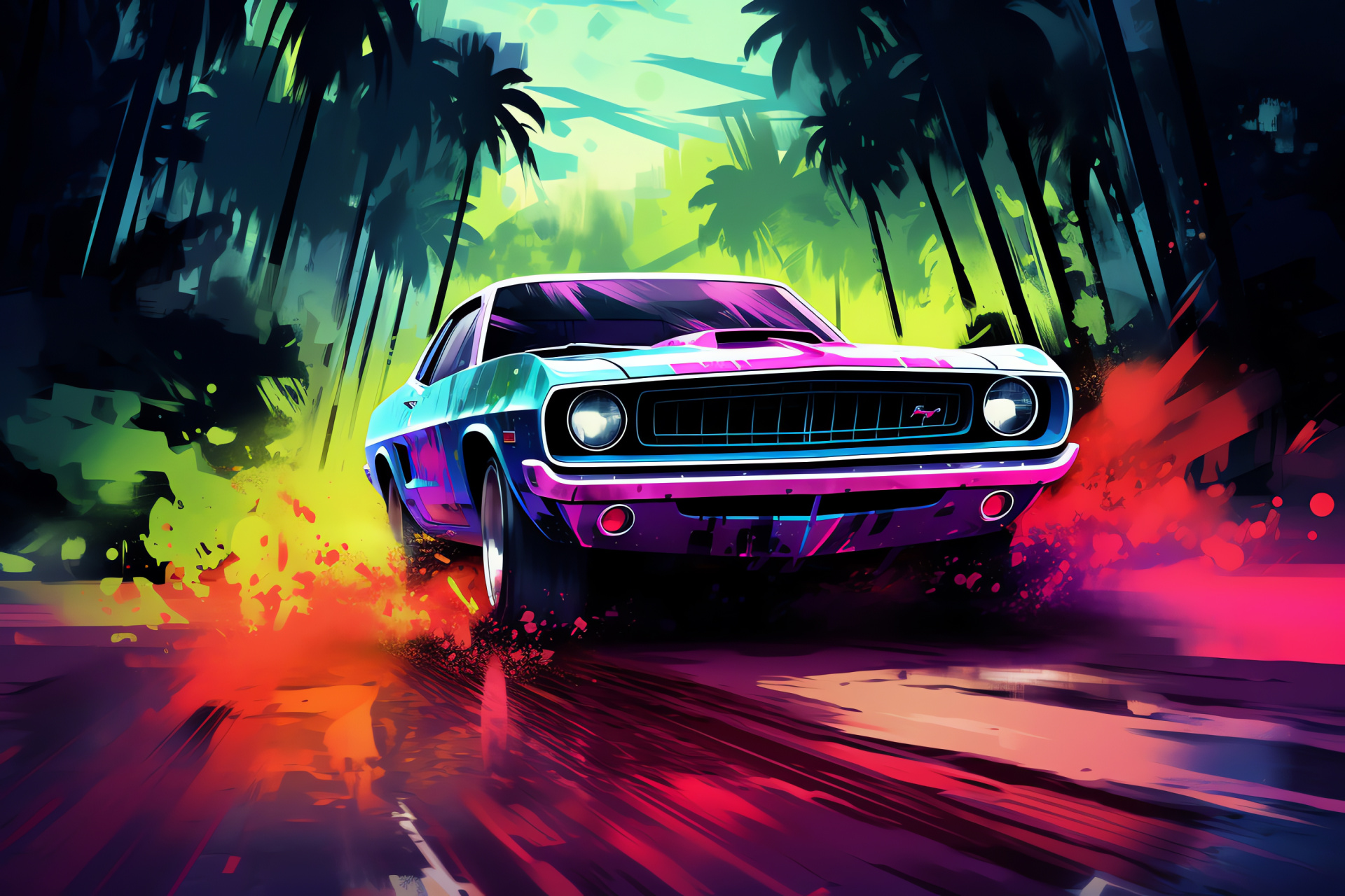 Muscle car frontal, Seaside route, Ocean proximity, Retro vehicle, Colorful scenic drive, HD Desktop Wallpaper