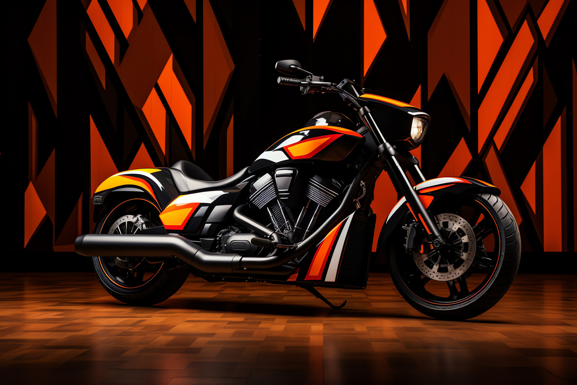 Victory Kingpin motorcycle, Bold two-tone paint, Abstract pattern backdrop, Cruiser style, Road machine, HD Desktop Image