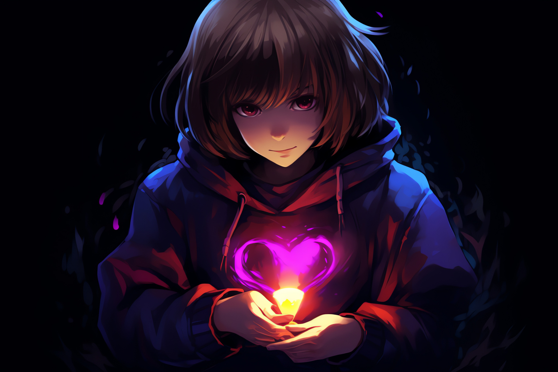 Undertale character Frisk, Brave protagonist, Subtle green irises, Focused expression, In-game art, HD Desktop Image