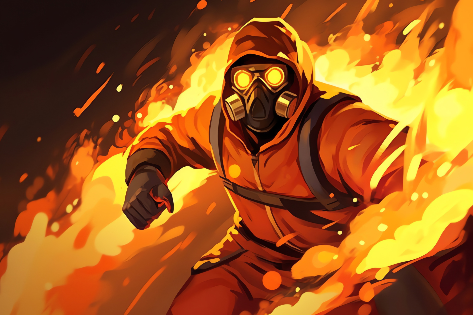 Combatant Pyro, aggressive engagement, igniting flamethrower, high-octane tactics, multiplayer game, HD Desktop Wallpaper