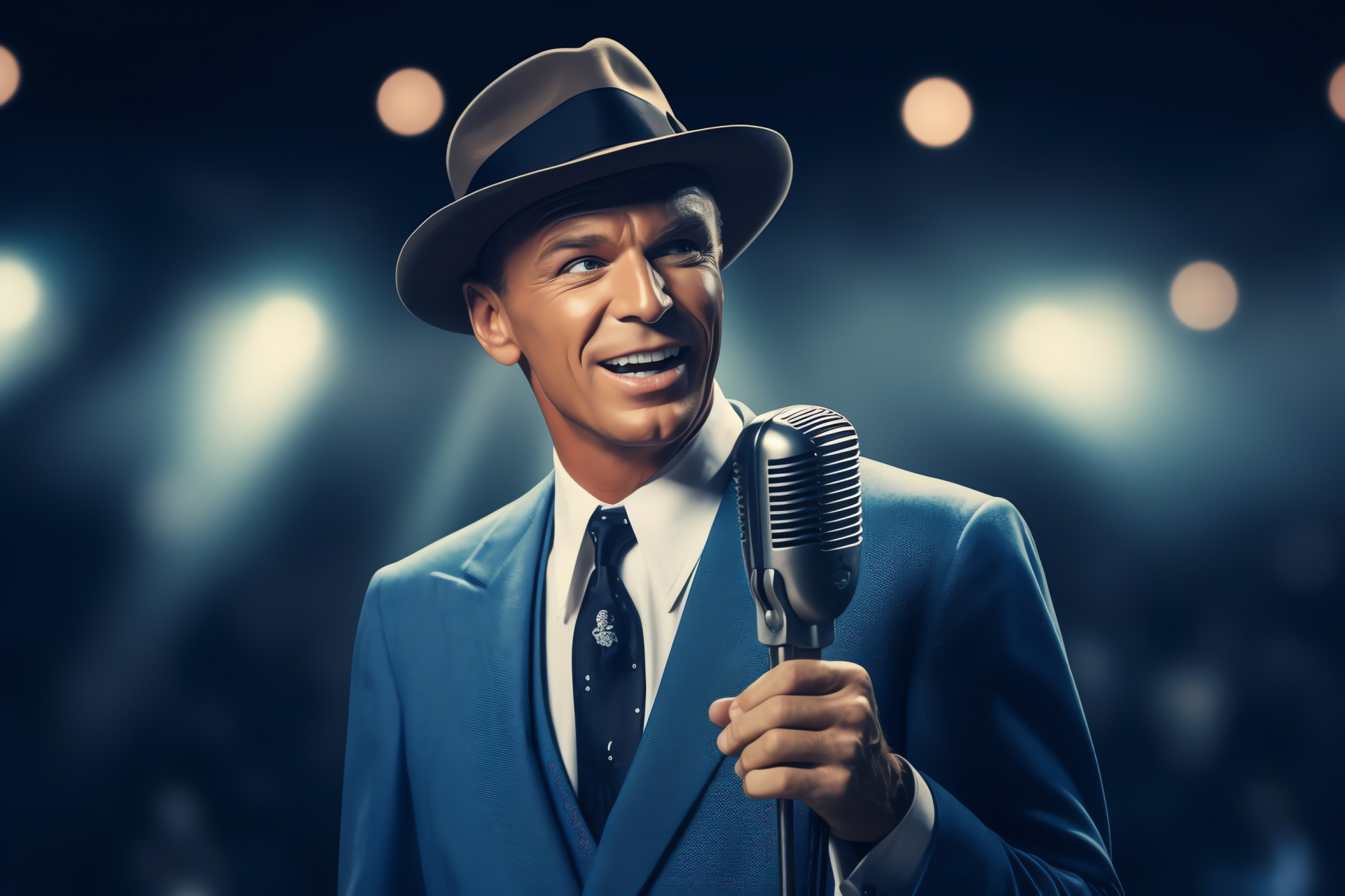 Frank Sinatra, The Rat Pack crooner, Microphone mastery, Fine attire, Melodic prowess, HD Desktop Image