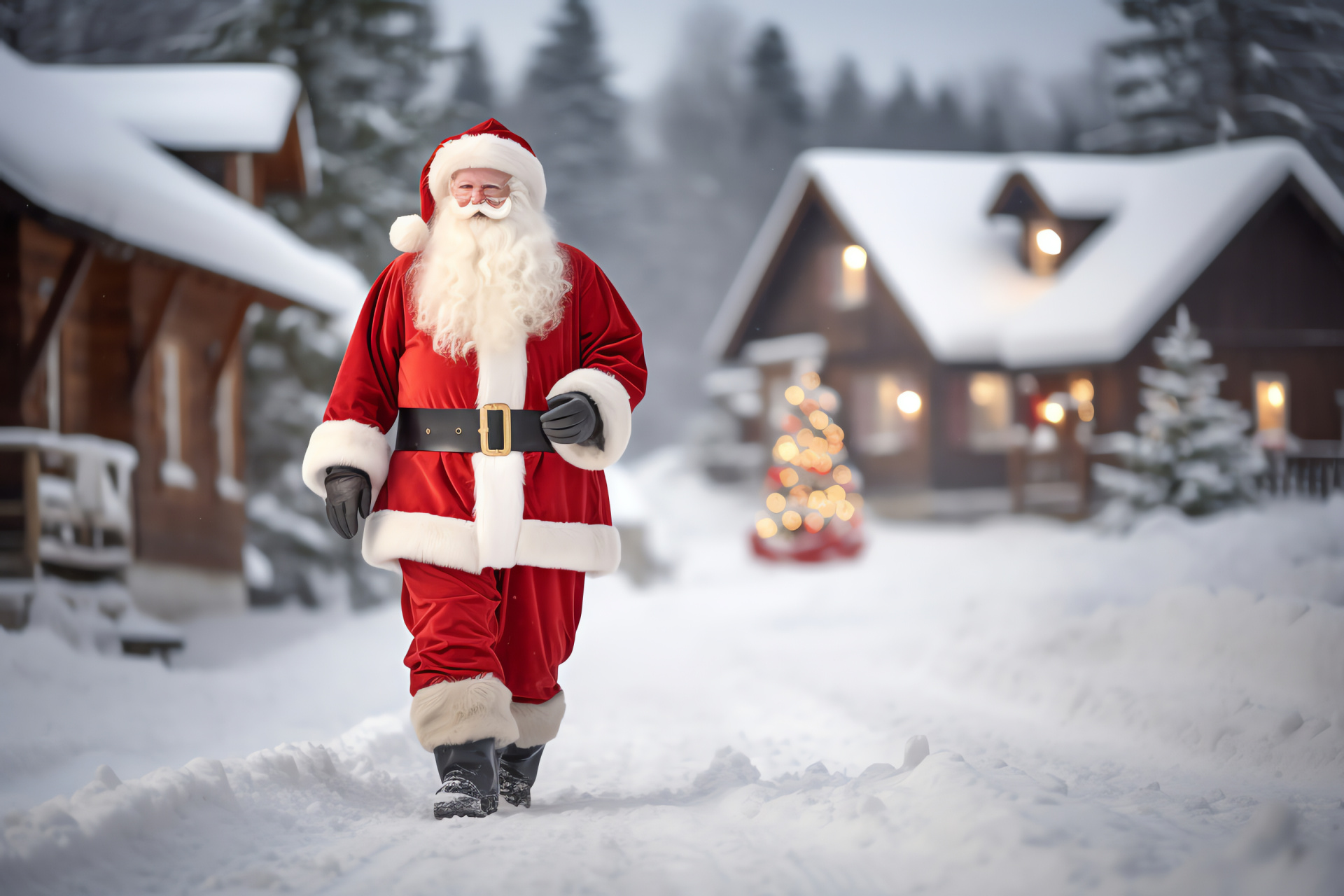 Santa Claus nocturnal promenade, Snow blankets urban path, Mountainous village charm, Quaint homesteads cheer, Festive season enhancement, HD Desktop Image