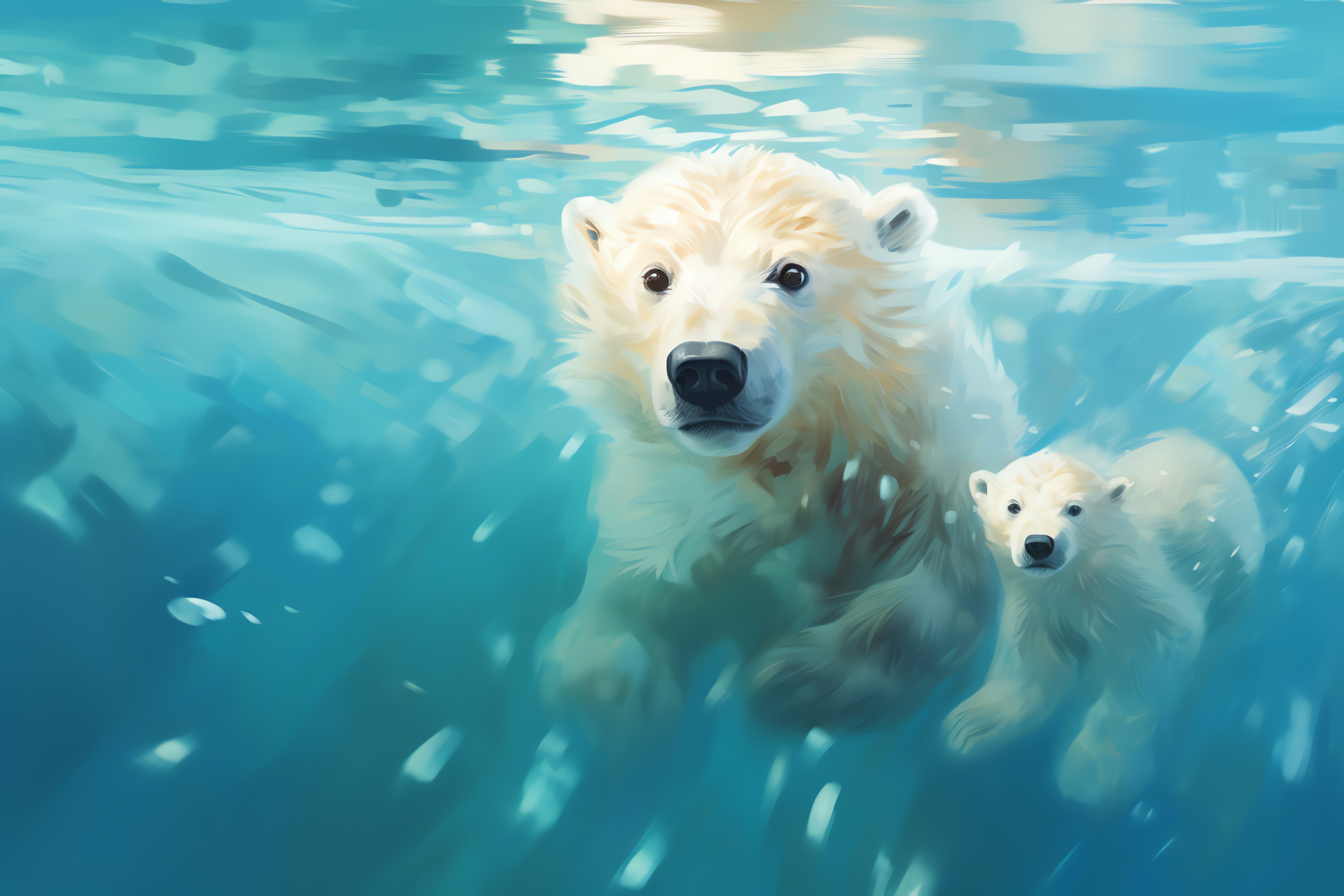 Aquatic Polar Bear cub, curious brown eyes, diving prowess, Arctic Ocean explorer, serene marine world, HD Desktop Image