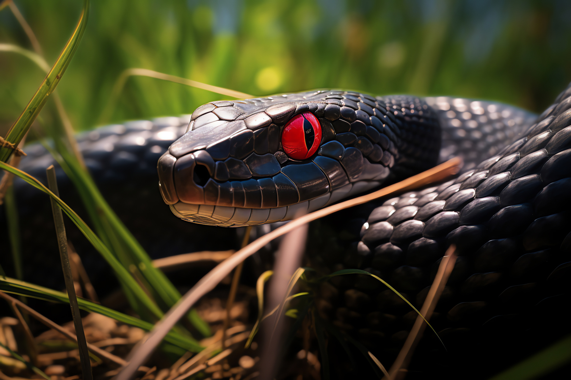 Black Mamba, red-eyed, glossy scale texture, slender serpentine form, African Savannah habitat, HD Desktop Wallpaper