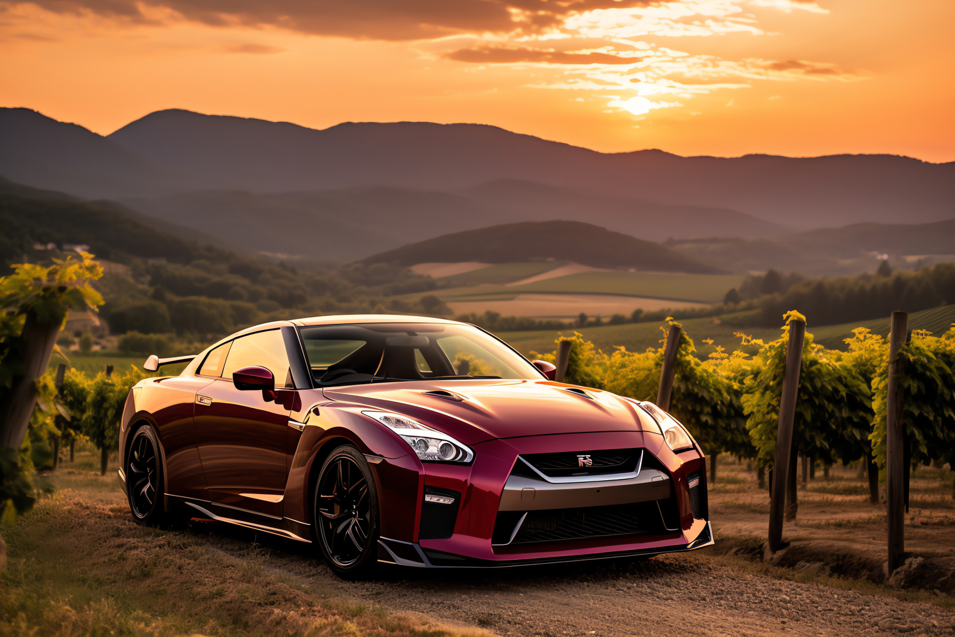 Nissan GTR HD, Tuscany landscape, Idyllic countryside drive, Winding Italian roads, Rolling hills background, HD Desktop Image