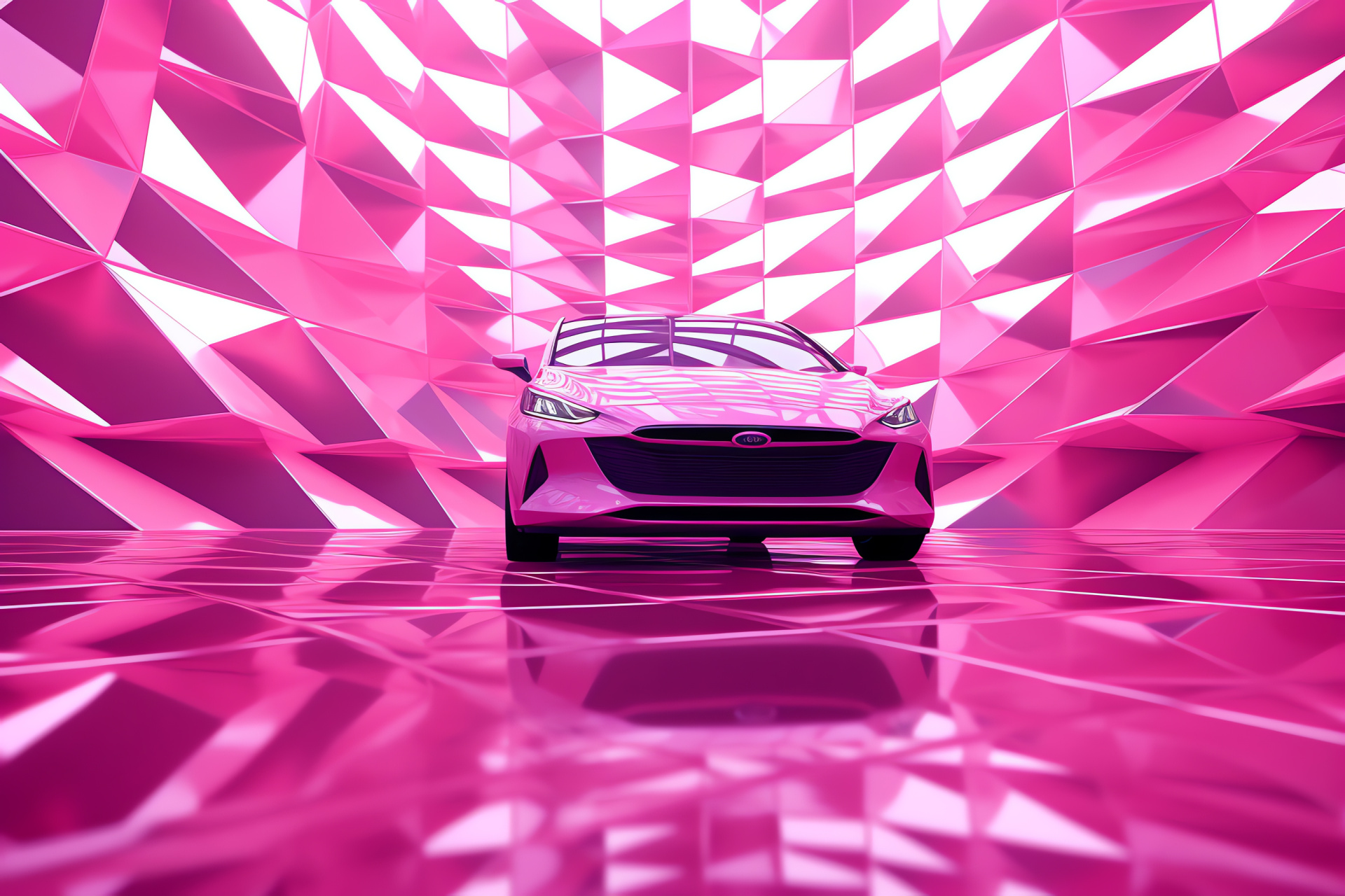 Pink electric auto, Geometric pattern perspective, Futuristic urban travel, Vibrant motoring concept, Digital age design, HD Desktop Wallpaper