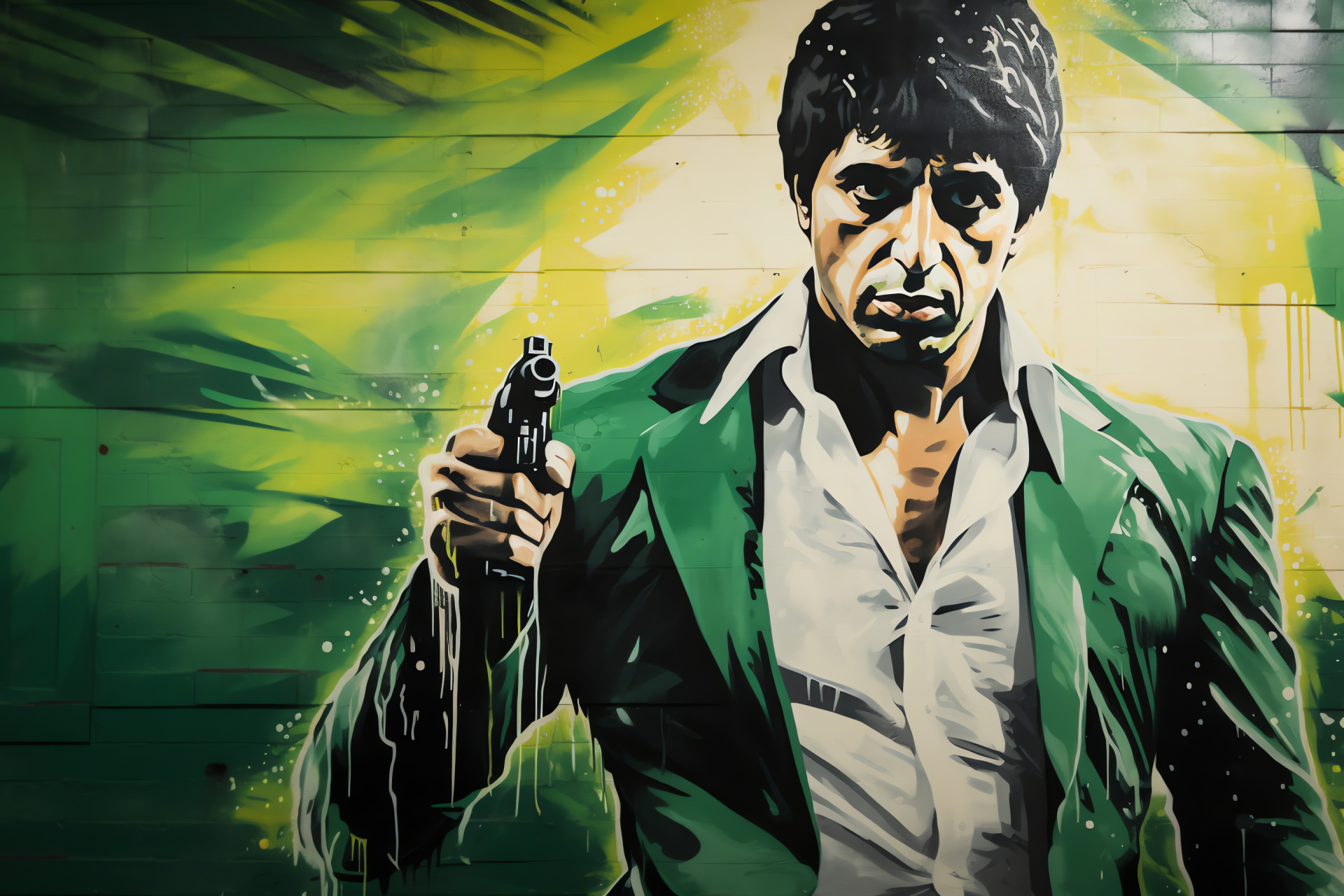 Scarface themed mural, Crime film artwork, Tony Montana close-up, Dark atmospheric alley, Al Pacino's intensity, HD Desktop Image