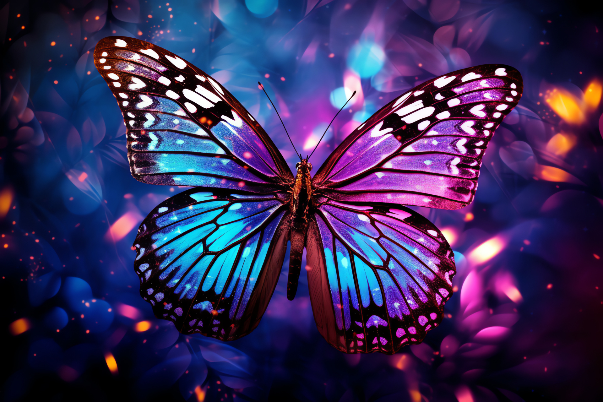 Iridescent Purple butterfly, Majestic flutters, Ornate wing artistry, Color block backdrop, Radiant glow, HD Desktop Image