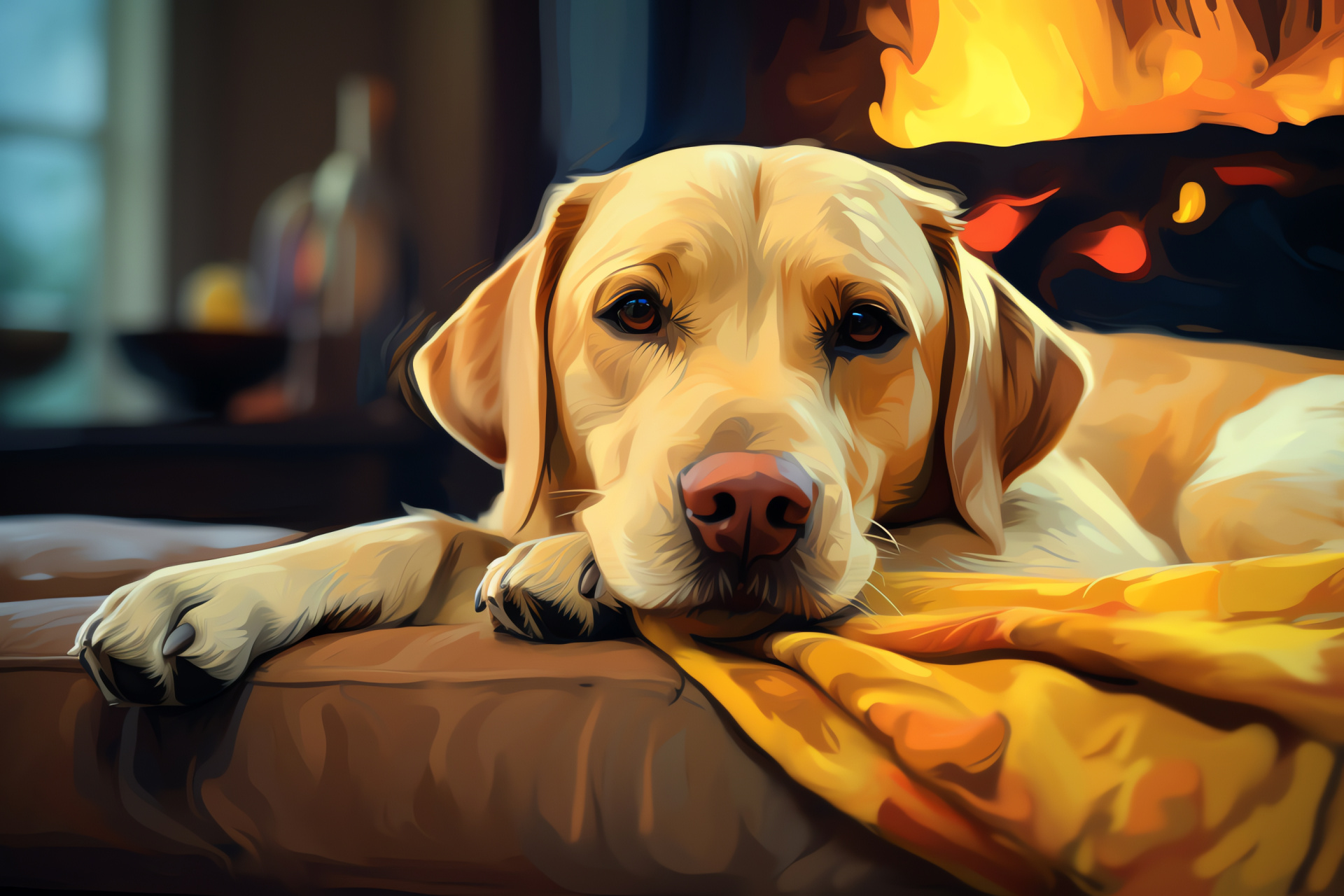 Yellow Labrador Retriever, Gentle gaze, Soft canine fur, Golden hue, Hearthside, HD Desktop Image