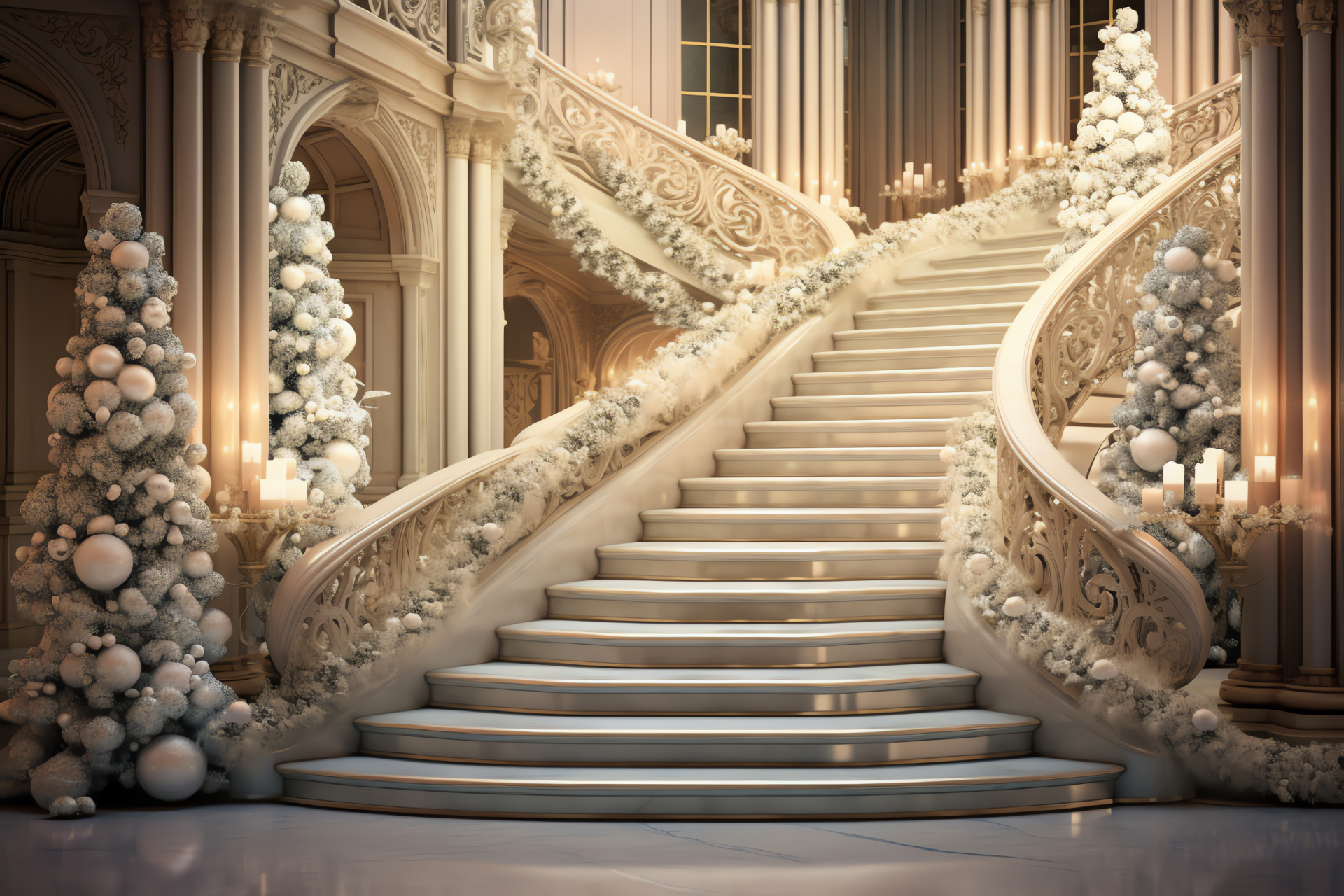 Holiday grand staircase, festivity white illumination, majestic banisters, illuminated cascade, architectural elegance, HD Desktop Image