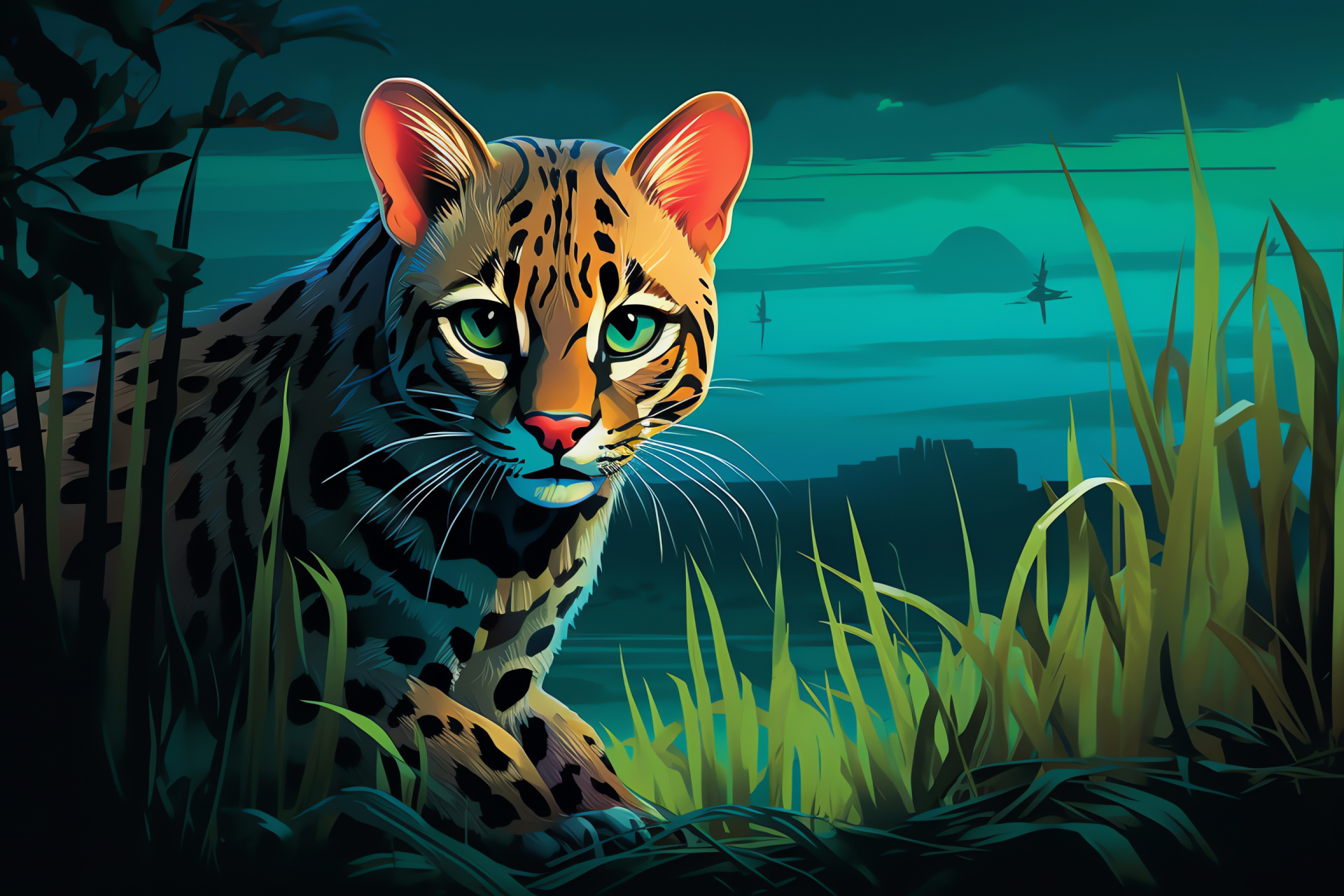 Rainforest Ocelot, bright emerald optics, tropical predator, dense undergrowth, wild feline markings, HD Desktop Wallpaper