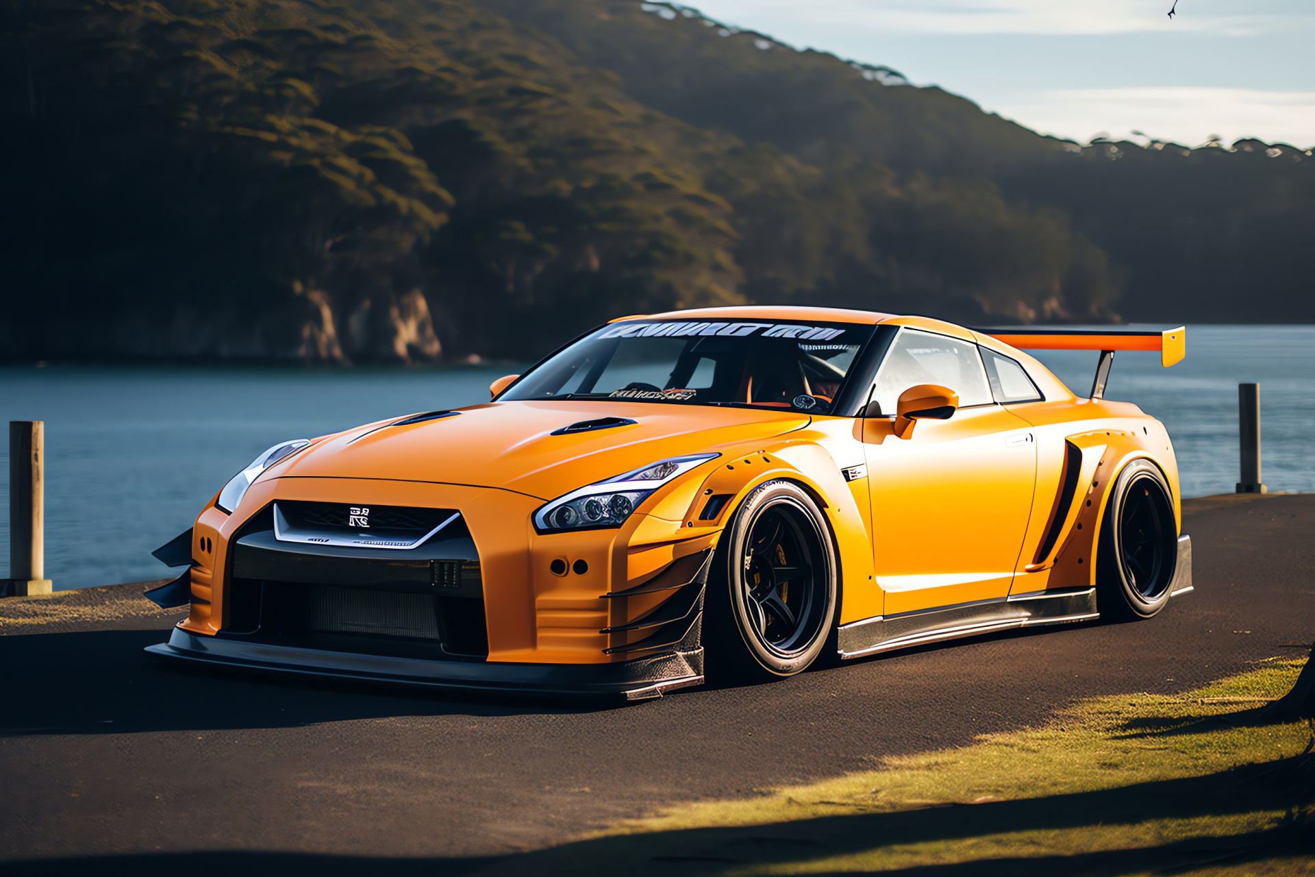 Nissan GTR Liberty Walk, South Australia coast, Serpentine shore road, Seascapes coastal, Majestic natural cliffs, HD Desktop Image