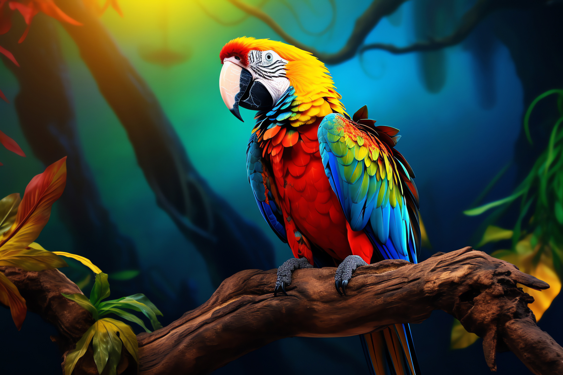 Bird tropical, Parrot spectrum feathers, Perch natural, Background tri-tone, HD Desktop Wallpaper
