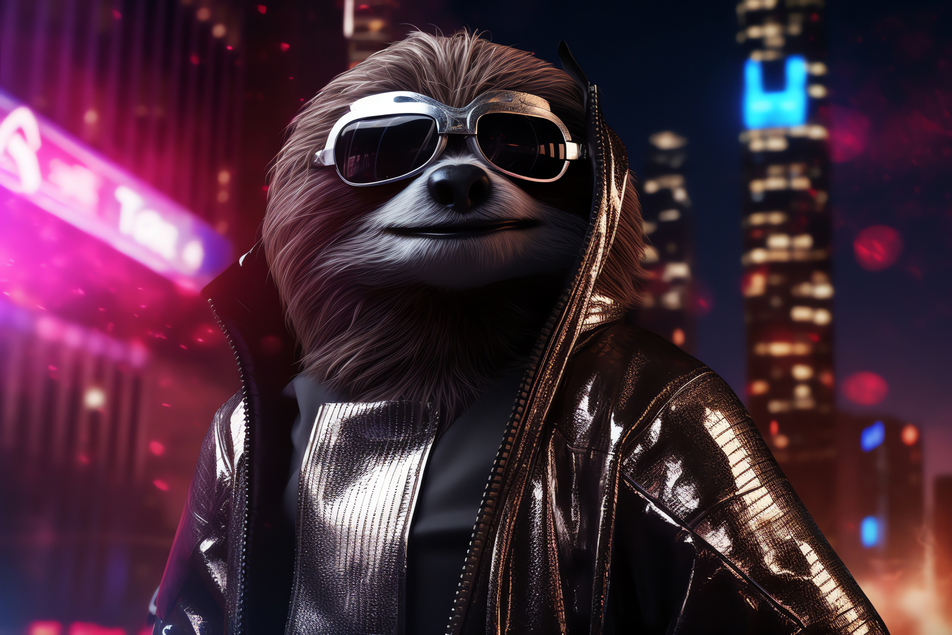 Urban Space Sloth, Cosmopolitan fauna, Neon-lit fur, Star-studded habitat, City skyline symbiotic, HD Desktop Image