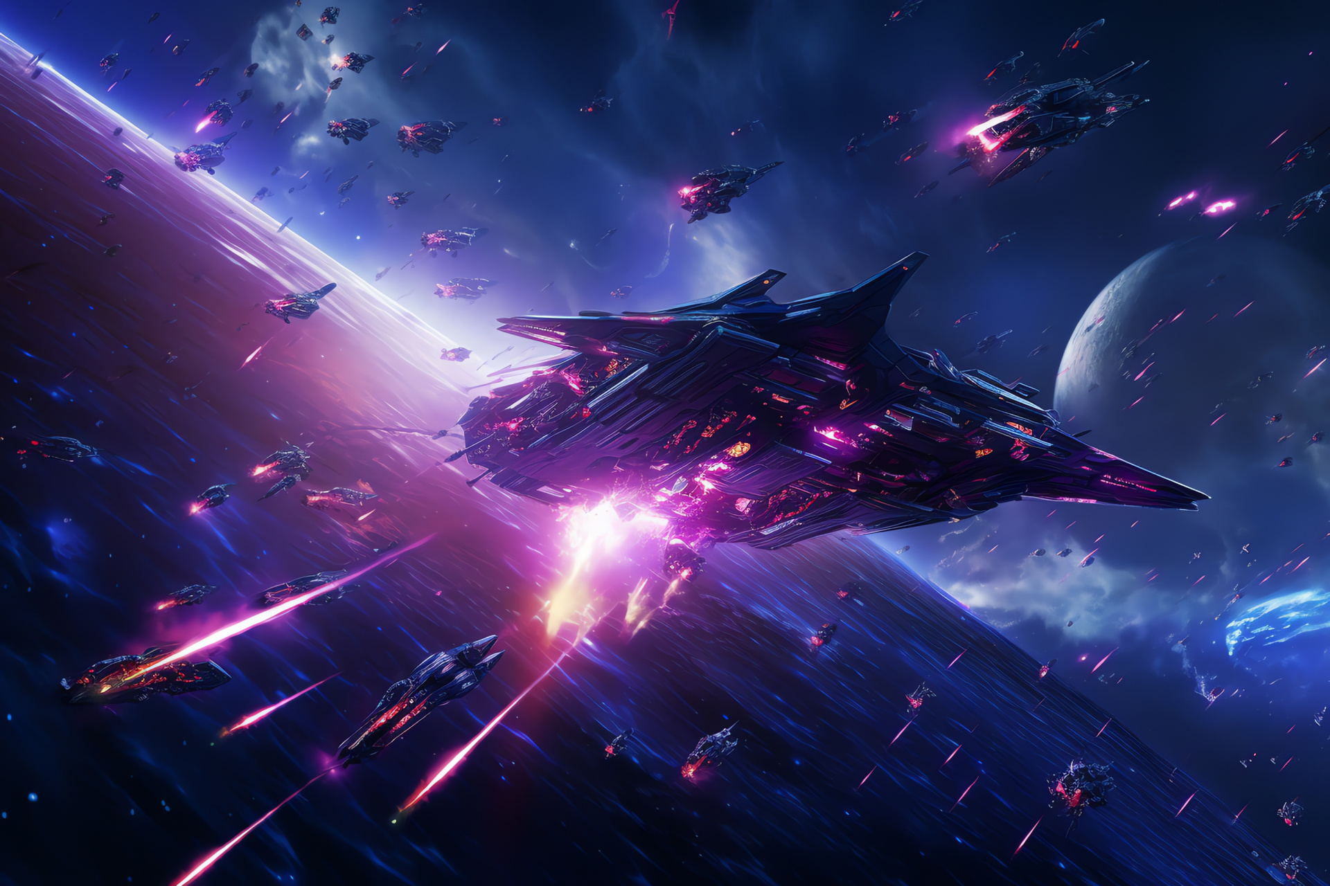 Starfighter squadron, Outer space dogfight, Celestial combat, Purple cosmic mist, Galaxies collision, HD Desktop Wallpaper