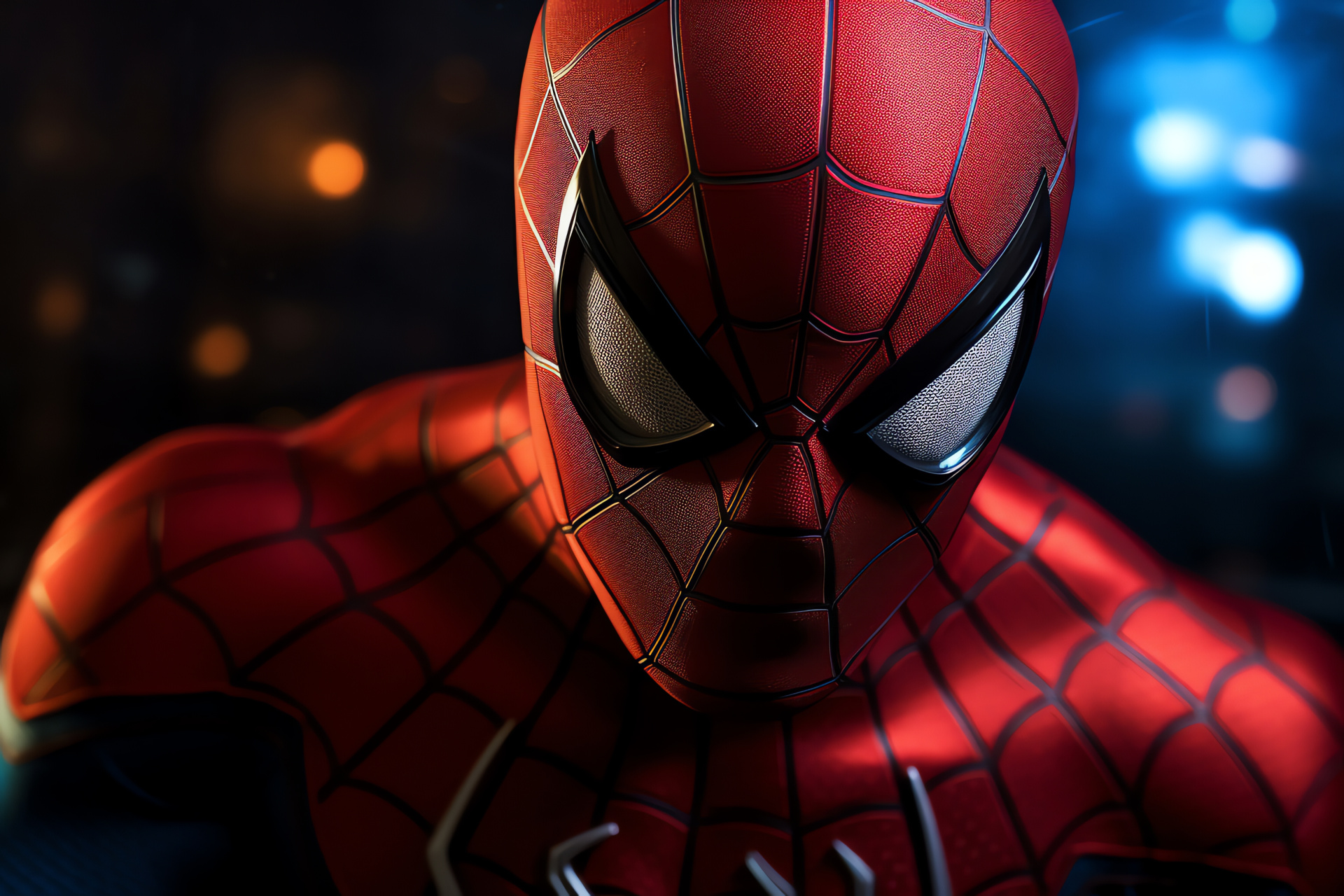 Spiderman battle readiness, Superhero sense alert, Iconic costume design, Muscular heroic form, Potential threat scene, HD Desktop Wallpaper