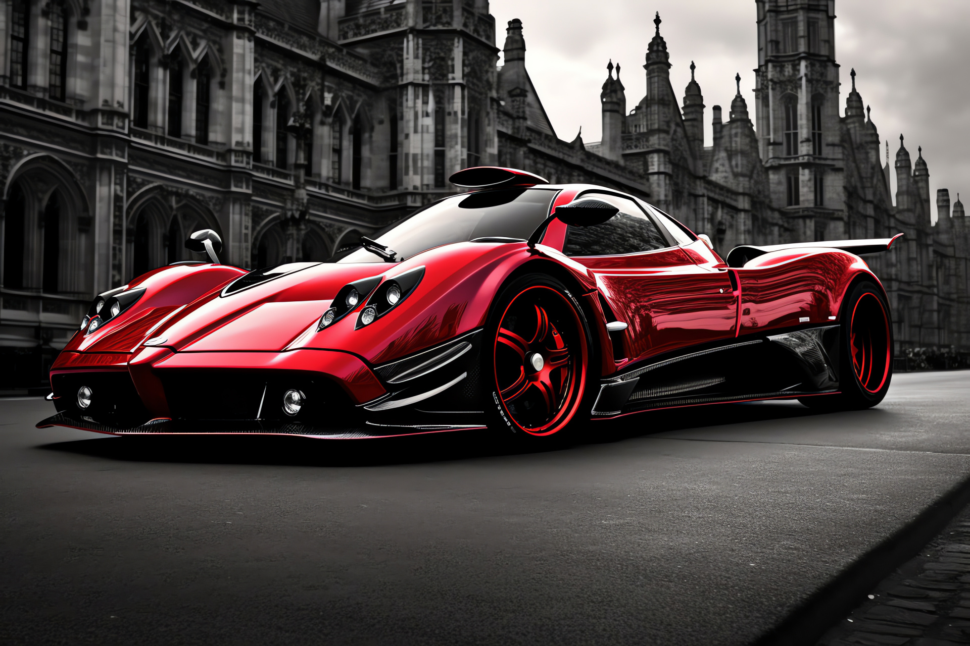 Pagani Zonda F, London backdrop, Grand structures, Metropolitan charm, Enhanced vibrancy, HD Desktop Wallpaper