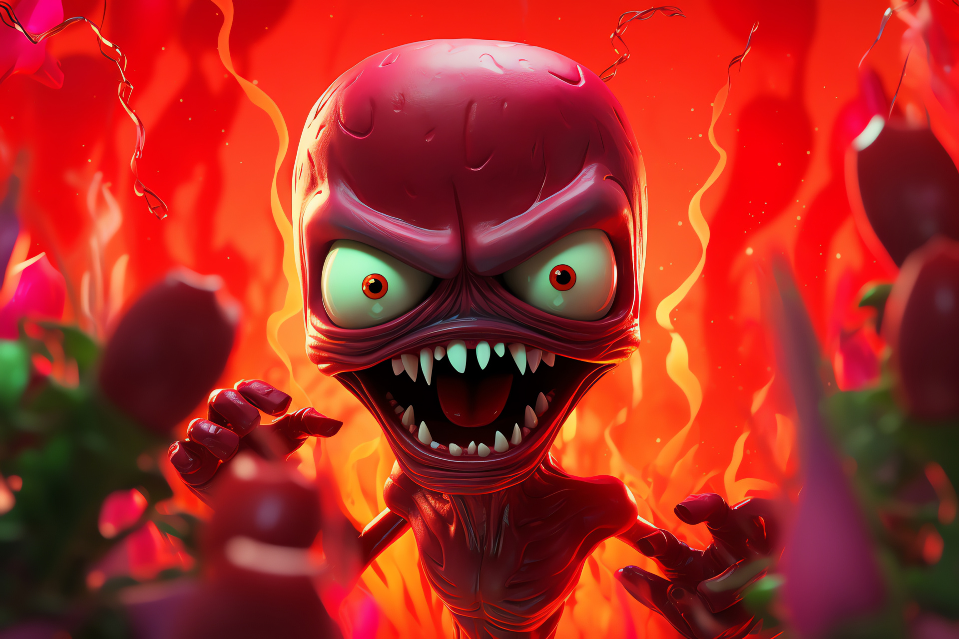 Imp character, playful smirk, curious eyes, robust mech suit, monochrome red canvas, HD Desktop Image