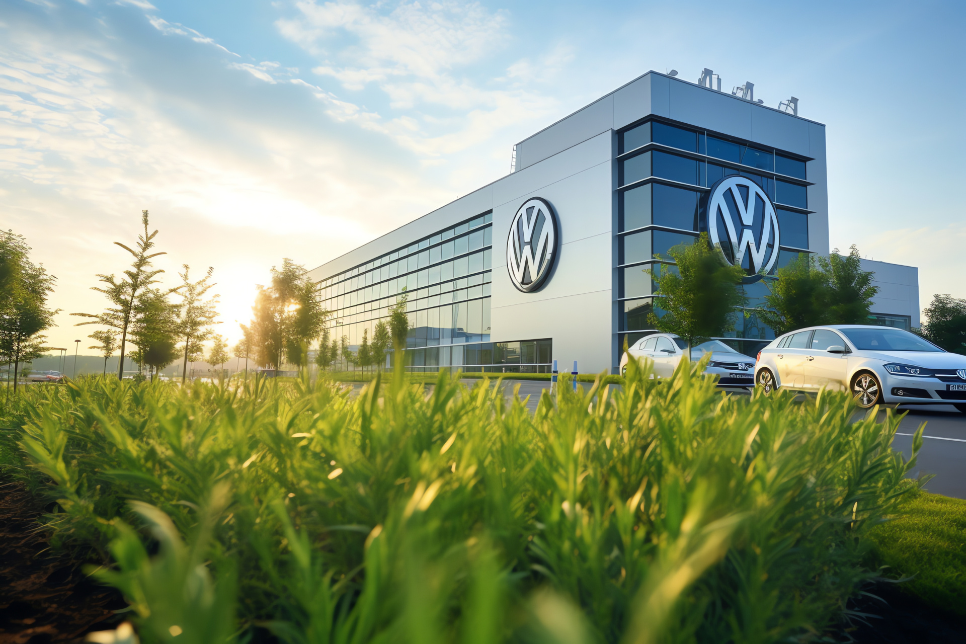 Volkswagen emblematic sign, company site entrance view, surrounding greenery, industrial prestige display, HD Desktop Wallpaper