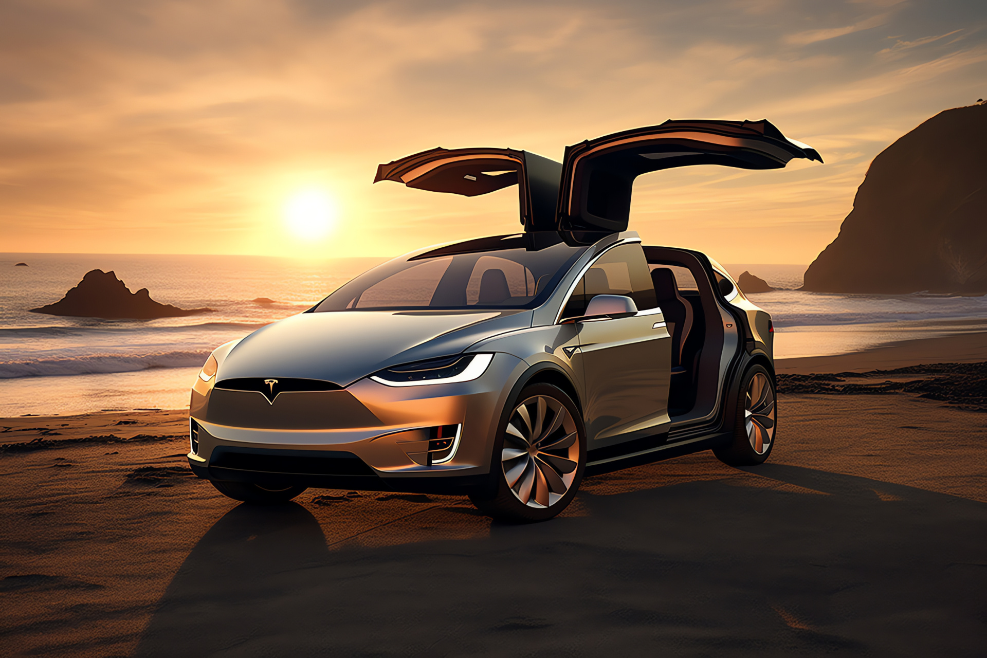 Tesla, Model X, Electric premium utility vehicle, Dawn light setting, Winding roads, HD Desktop Image