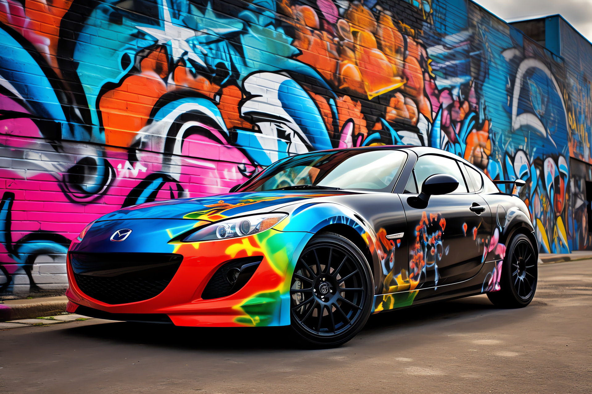 Mazda RX8, art-inspired livery, extensive cityscape, urban murals, lively streets, HD Desktop Image