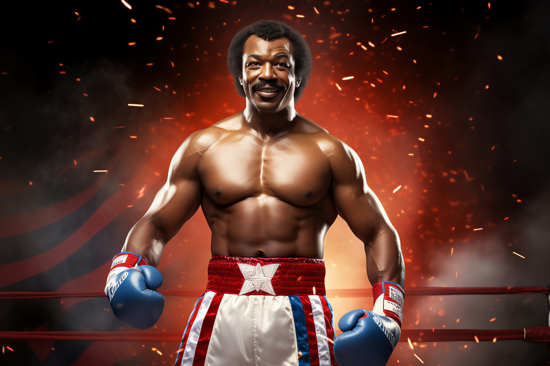 Apollo Creed, Boxing charm, Fighter stance, Patriotic colors, Competitive spirit, HD Desktop Wallpaper