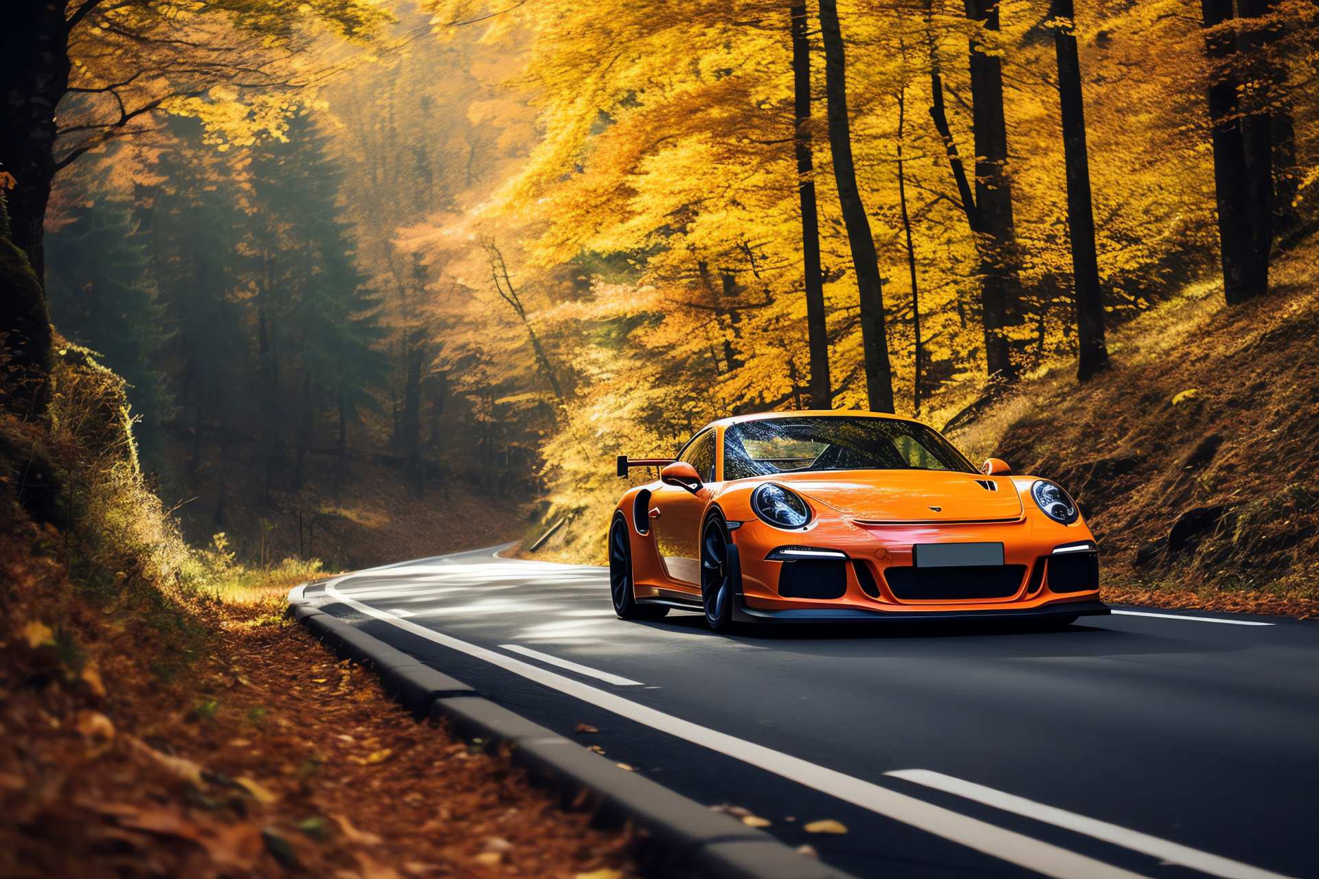 Porsche GT3 in Black Forest, GT3 RS model, German scenic destination, Autumn season beauty, Picturesque driving experience, HD Desktop Image