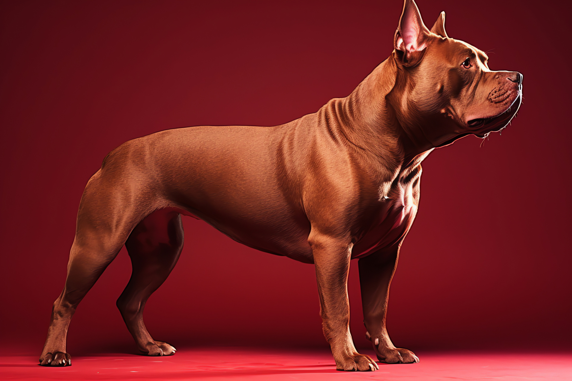 Pitbull breed silhouette, strong canine structure, shiny brown pelt, red background scene, HD Desktop Image